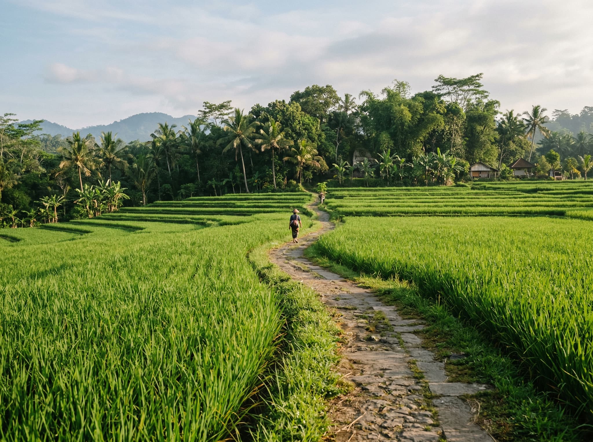 The rice paddy footpath leading from the parking area to Yeh Pulu in Bedulu Village — the 500-meter walk through working agricultural fields that visitors take to reach the site, conveying the unhurried, off-the-beaten-path character of the experience