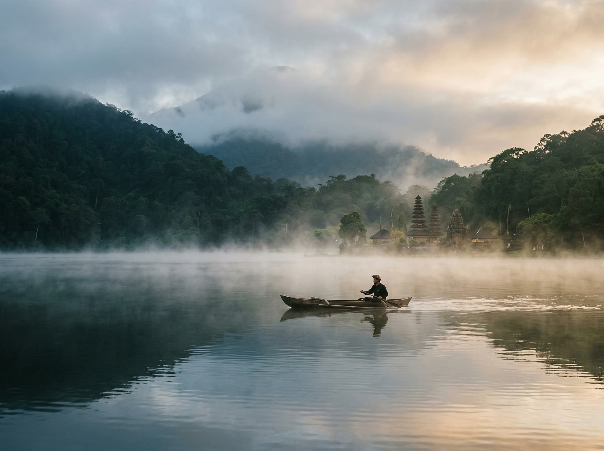 Early morning mist over a Bali highland lake at sunrise — illustrating the optimal 7:00–8:30 AM visiting window described in the timing section, when mist drifts across the lakes before clouds build and tour groups arrive