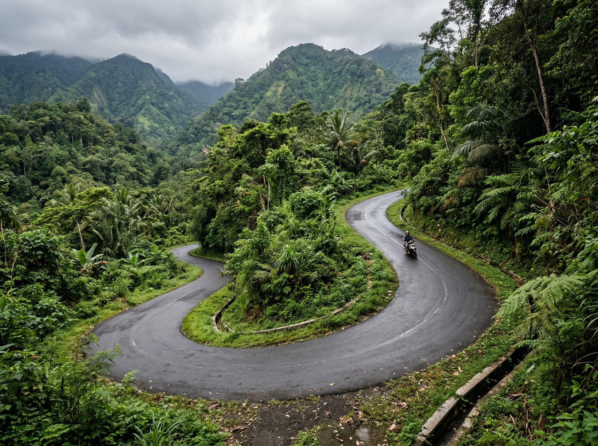 A steep mountain road winding through dense jungle in northern Bali's highlands — representing the switchback driving conditions described in the getting there section, relevant to the scooter safety warning