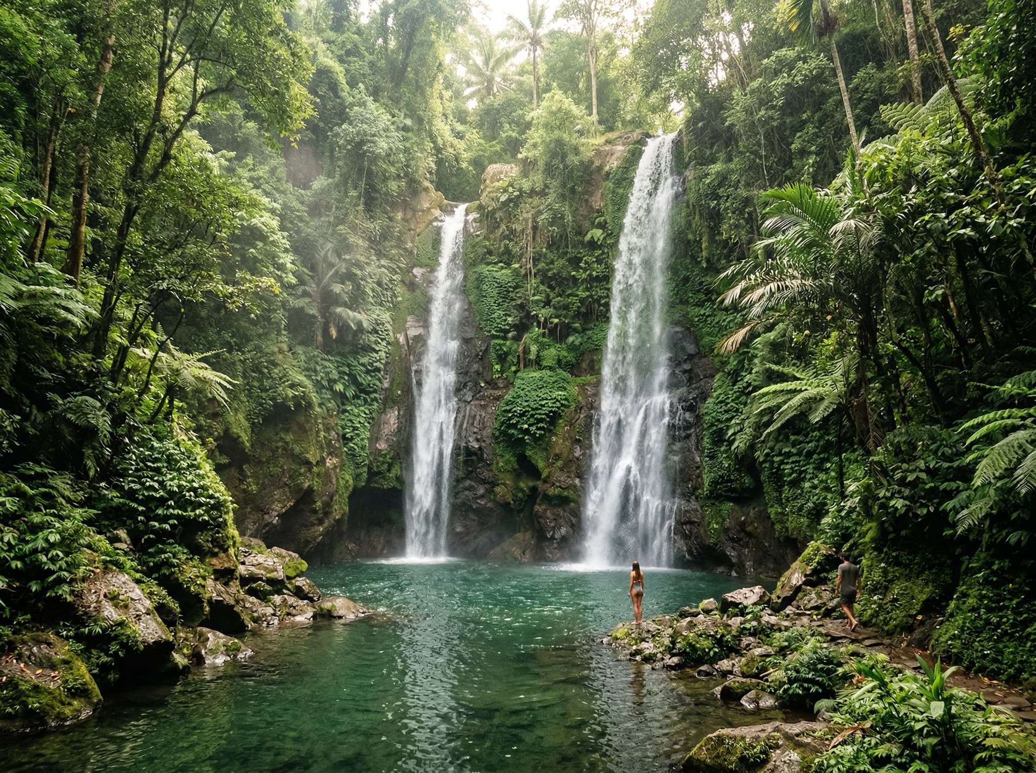 Banyumala Twin Waterfalls in northern Bali — one of the recommended companion stops on the northern Bali circuit described in the article, positioned as a natural counterpart to the Wanagiri photo installations