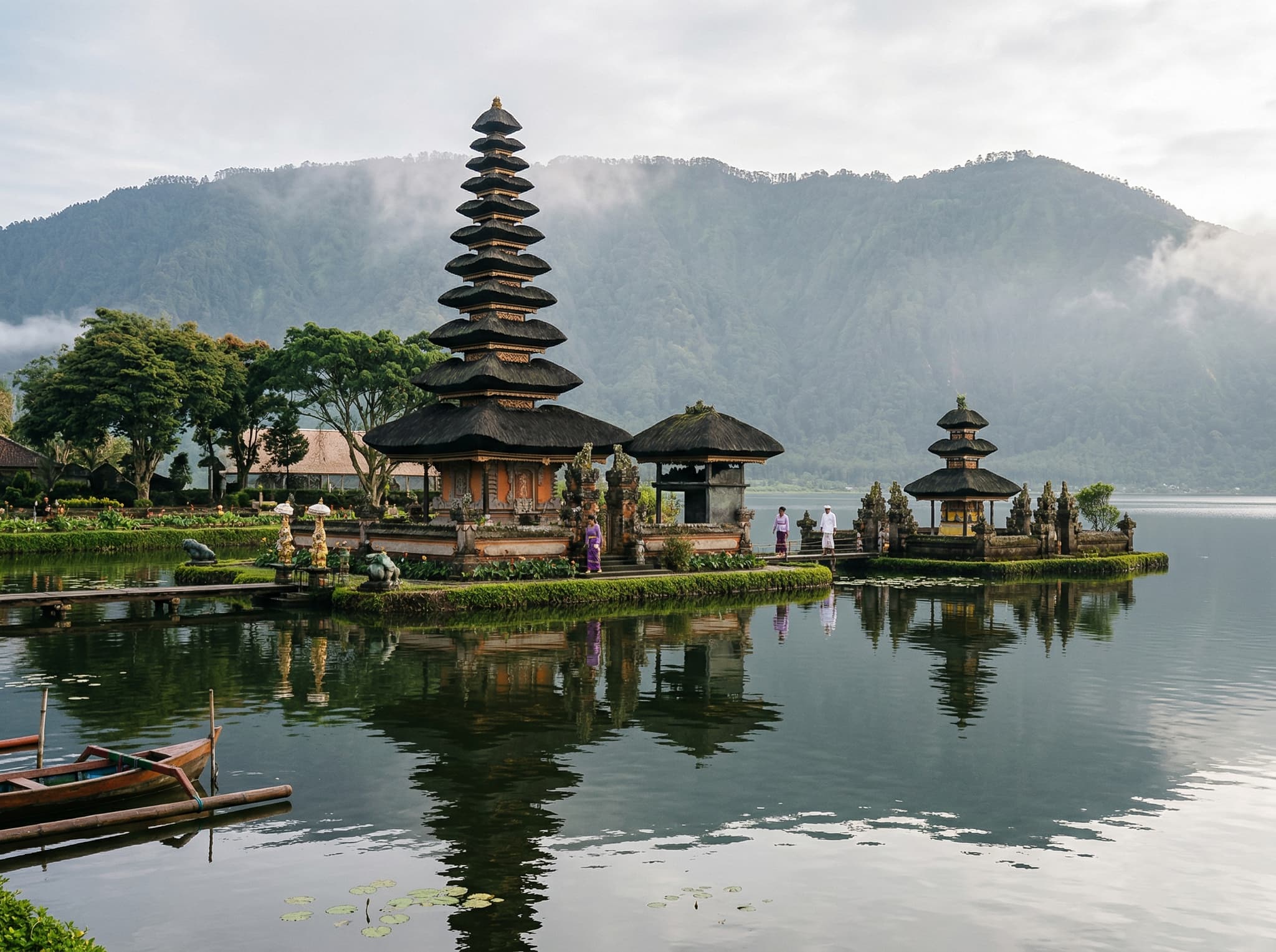 Ulun Danu Beratan Temple on the shores of Lake Beratan in Bedugul, northern Bali — the third stop on the recommended northern Bali circuit, a lakeside Hindu temple that visitors pass on the return route toward Ubud or the coast