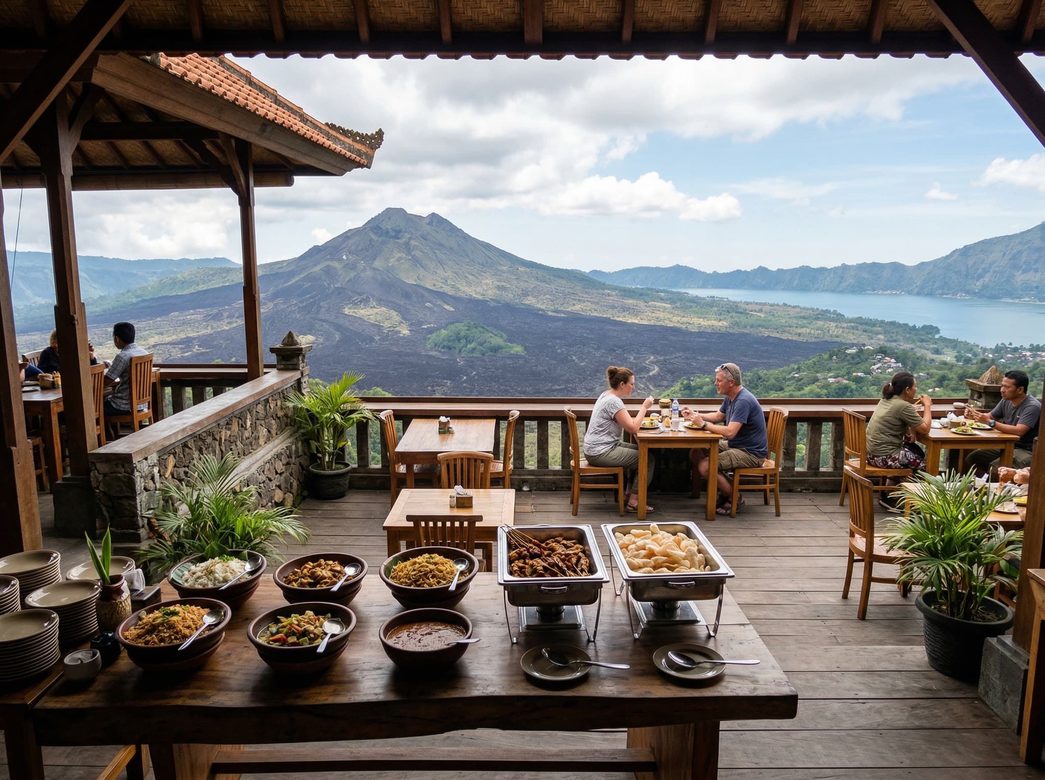 A caldera-rim restaurant dining terrace with Indonesian buffet dishes and Mount Batur visible through large windows or an open terrace — illustrating the rim-road dining experience at Lakeview or Gunung Sari restaurants where the view is the main attraction