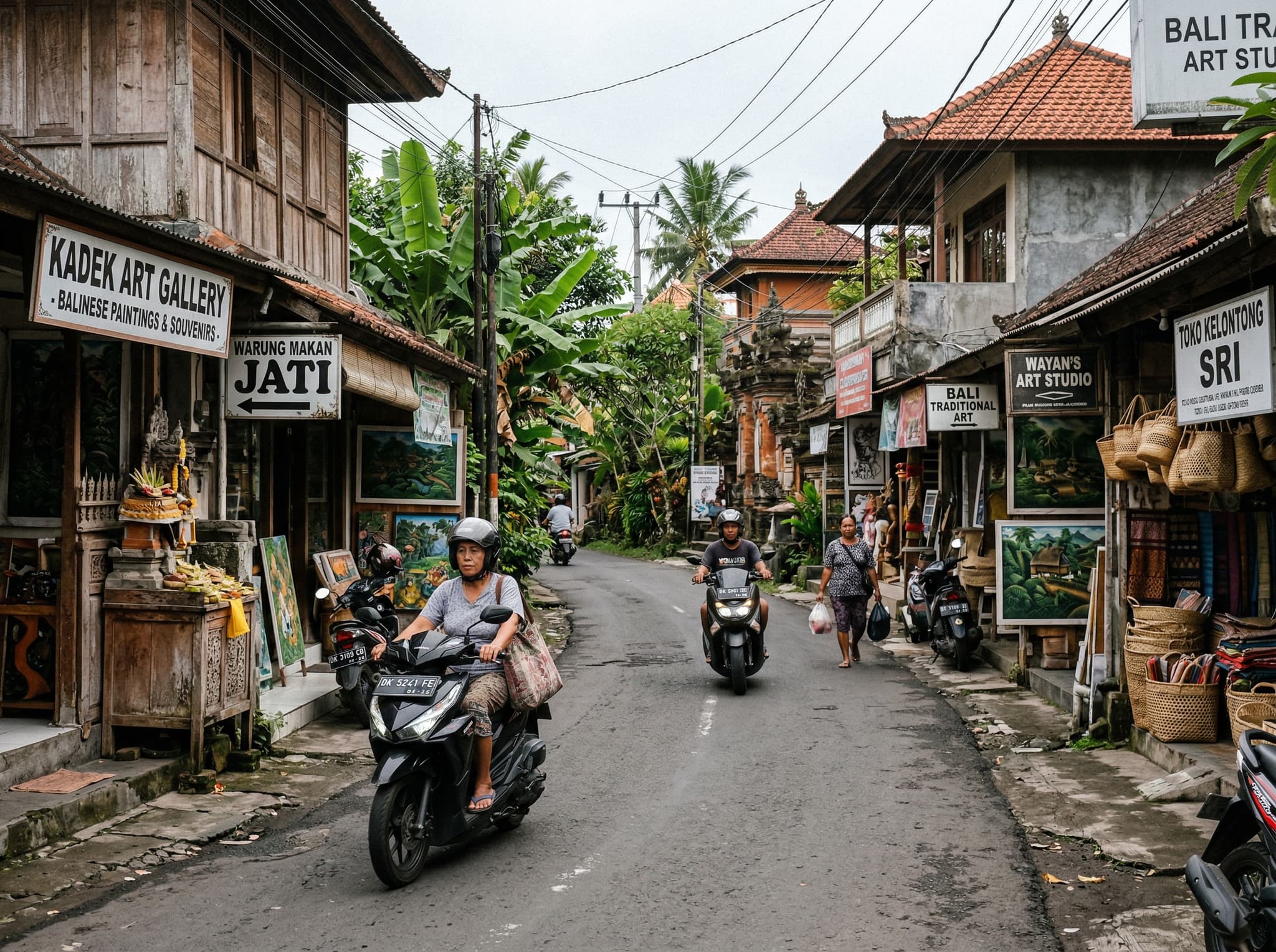 A scooter or small car navigating the main road through Batuan village — Jl. Raya Batuan — with shopfronts and gallery signs visible on either side, illustrating the article's point that the village is easy to pass through without noticing and the practical getting-there context
