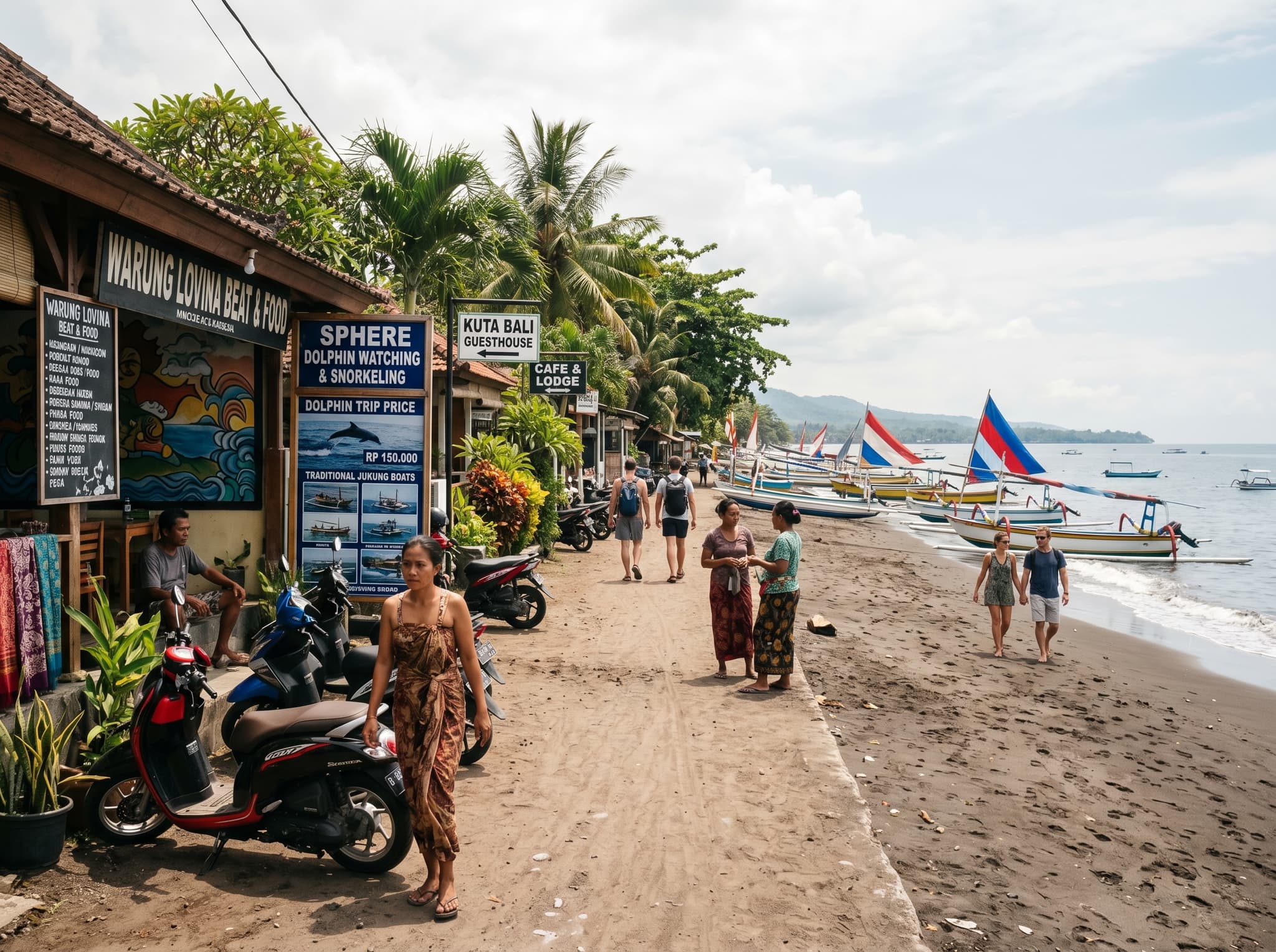The beachfront strip of Kalibukbuk village at relaxed midday — guesthouses, small warungs, and tour operator signs visible along a quiet lane near the beach — grounding the article's practical advice about using Kalibukbuk as a base in Lovina