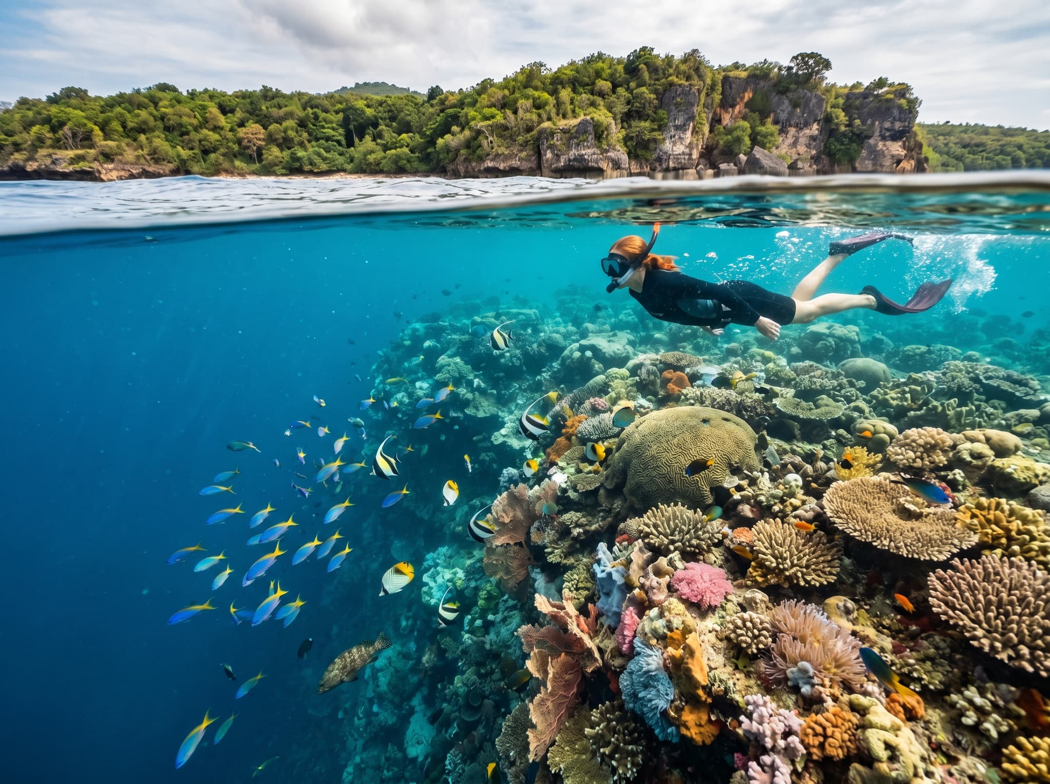 Menjangan Island's coral reef seen from just below the water surface, with a snorkeler visible above and healthy coral formations below — illustrating the article's claim that Menjangan offers some of Bali's best underwater visibility and coral health