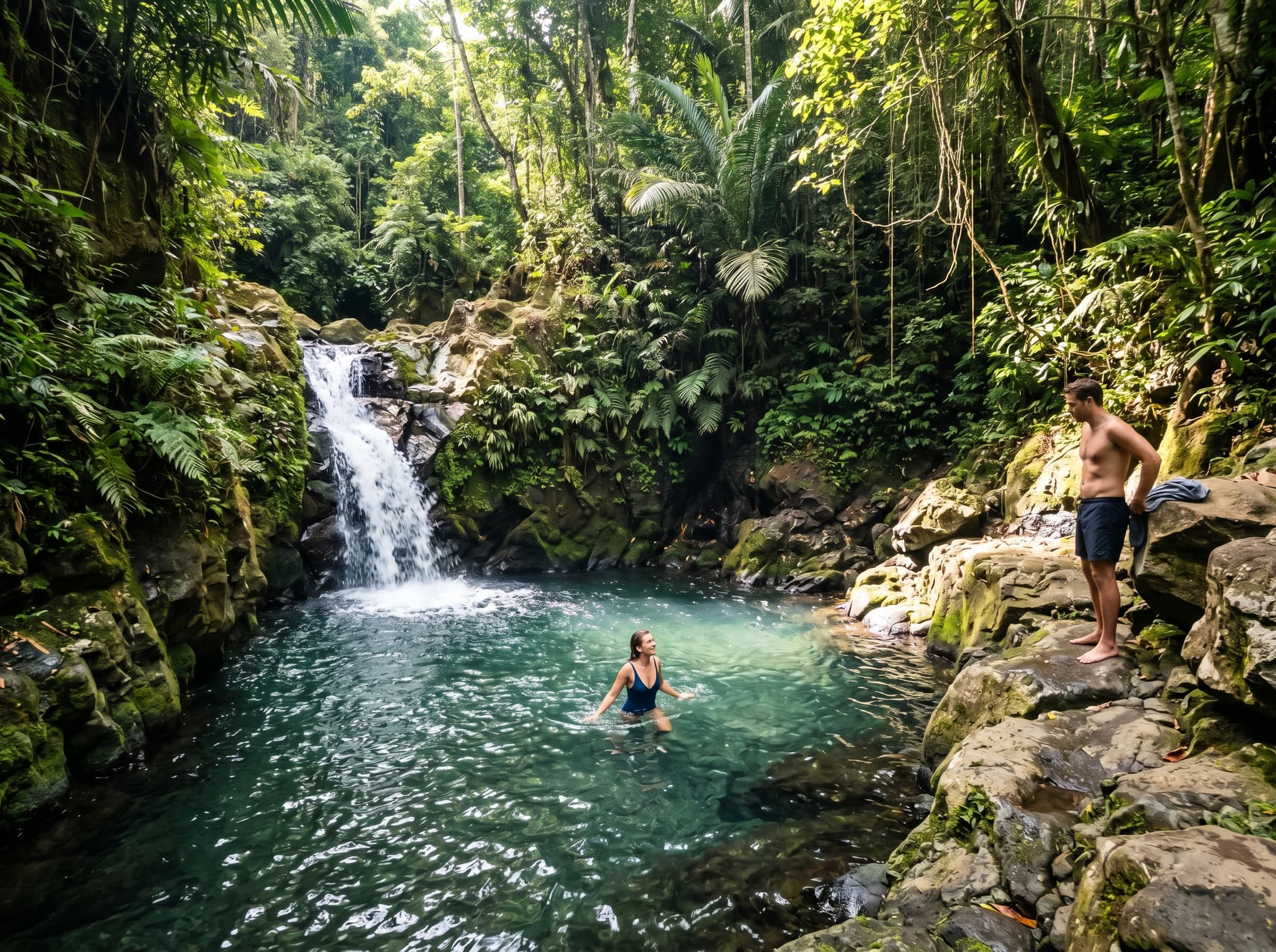 Sambangan Secret Garden's natural rock pool surrounded by dense tropical forest and a small waterfall cascading into clear water — supporting the article's recommendation of this half-day activity as a genuinely undiscovered swimming spot near Lovina
