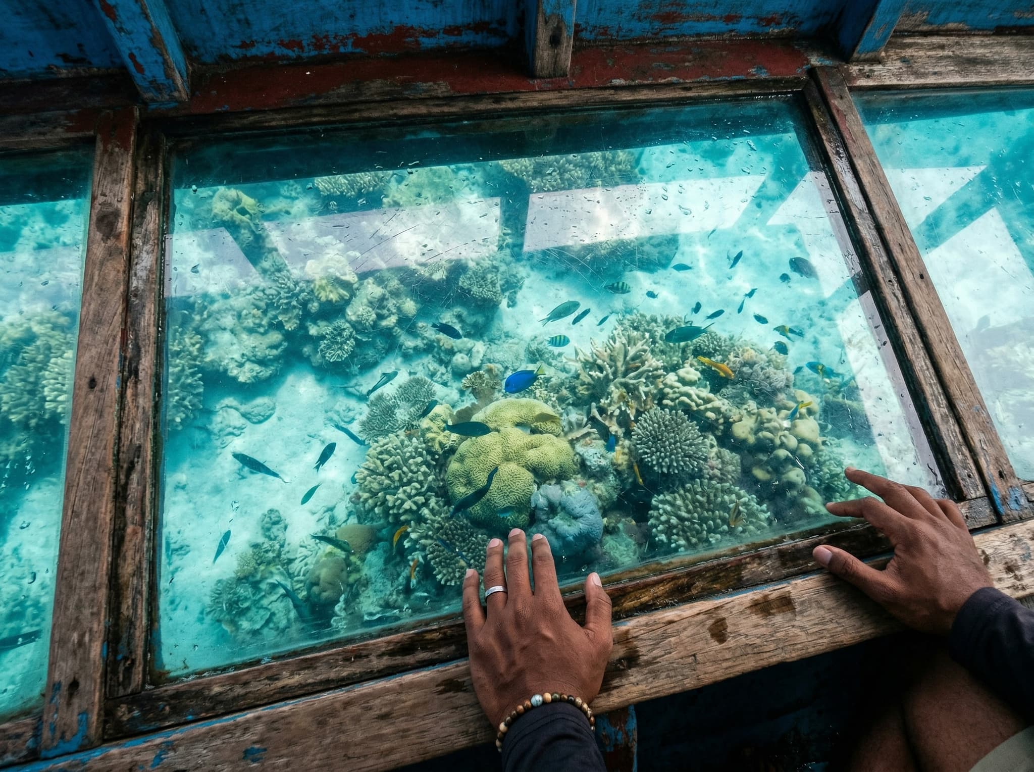 A tourist looking down through the glass panels of a glass-bottom boat at coral and tropical fish below the surface near Tanjung Benoa, Bali — capturing the fish-feeding and coral-viewing experience described in the Getting There section