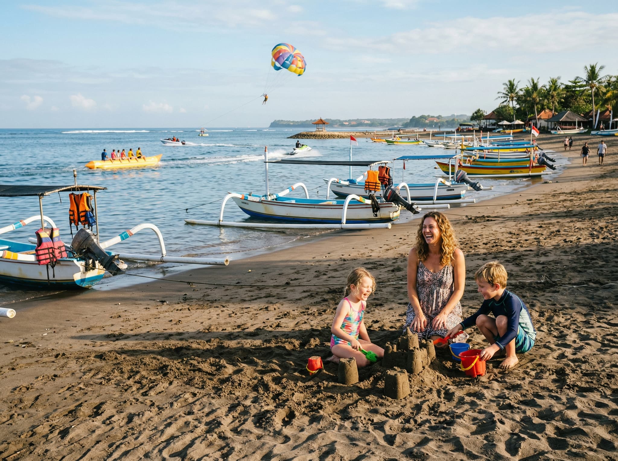 Families and young children on Tanjung Benoa beach preparing to board a boat, with water sport activity visible in the background — illustrating the article's recommendation that Turtle Island works best as a family-friendly add-on to a Tanjung Benoa water sports day