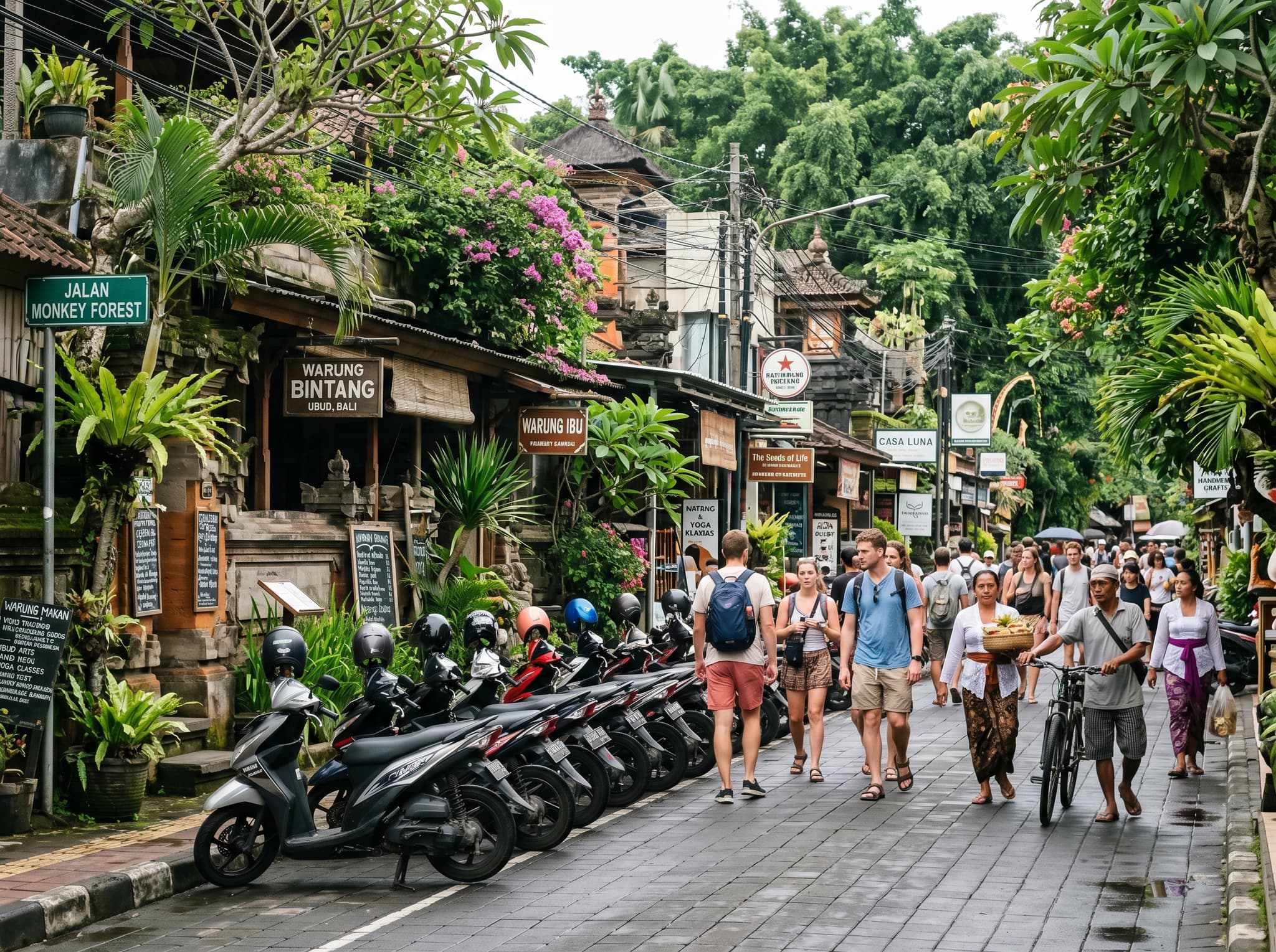 Aerial or street-level view of central Ubud, Bali showing the dense mix of restaurants, warungs, and cafés along the main streets — illustrating the article's central point that world-class dining and local food stalls coexist within walking distance of each other.