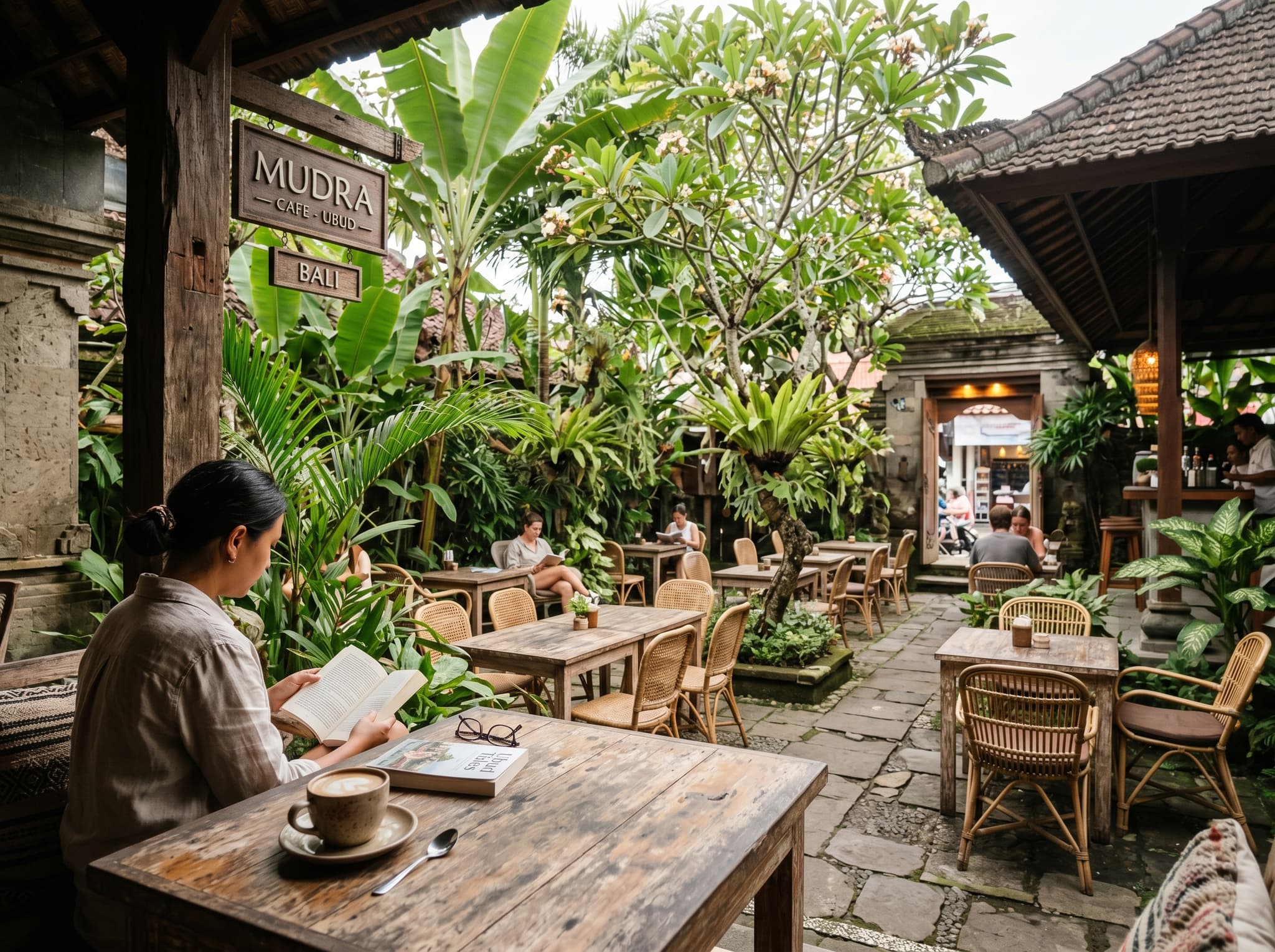 A café courtyard or outdoor seating area in Ubud, Bali during the morning hours — representing the slower café culture described in the cafés section, distinct from Canggu's laptop-heavy coworking energy.