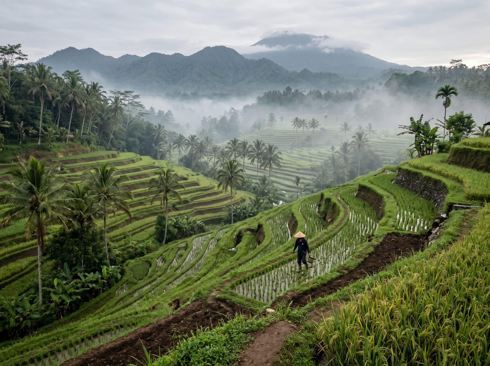 A Balinese rice field or highland farm landscape near Ubud — illustrating the fertile volcanic soil and short farm-to-table supply chains that define Ubud's ingredient-driven cooking, referenced throughout the article's closing section.
