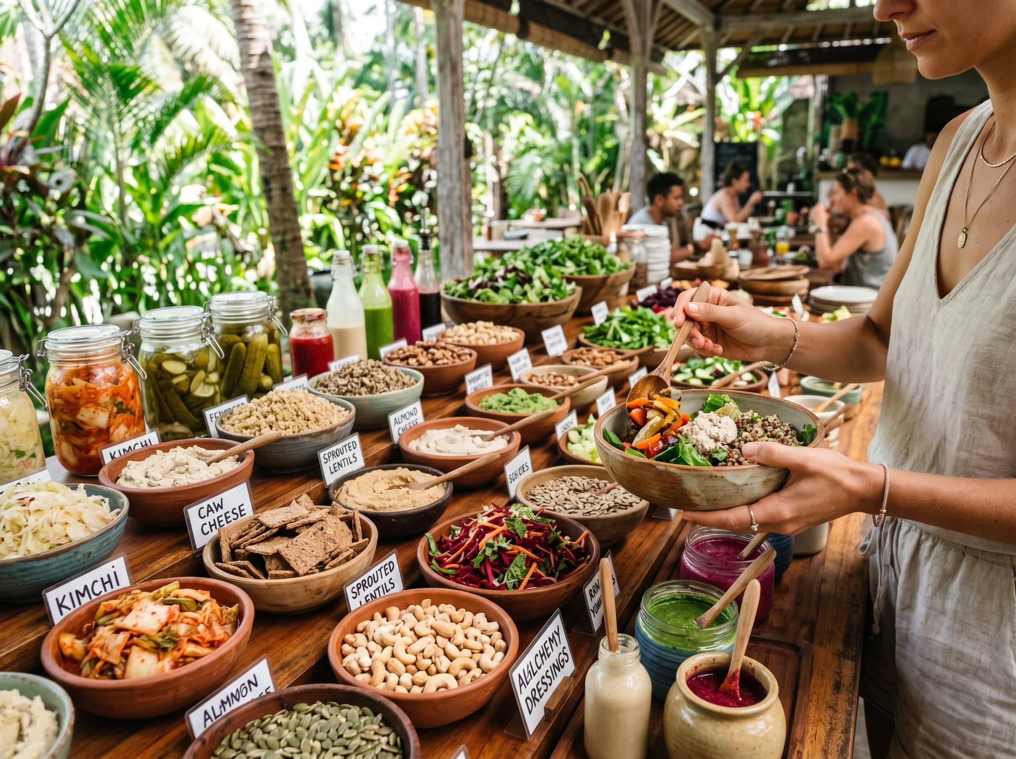 A raw food spread or salad bar setup at Alchemy Bali in Ubud — showing the build-your-own raw food counter with sprouted grains, fermented vegetables, and raw nut preparations that define Ubud's wellness dining scene.