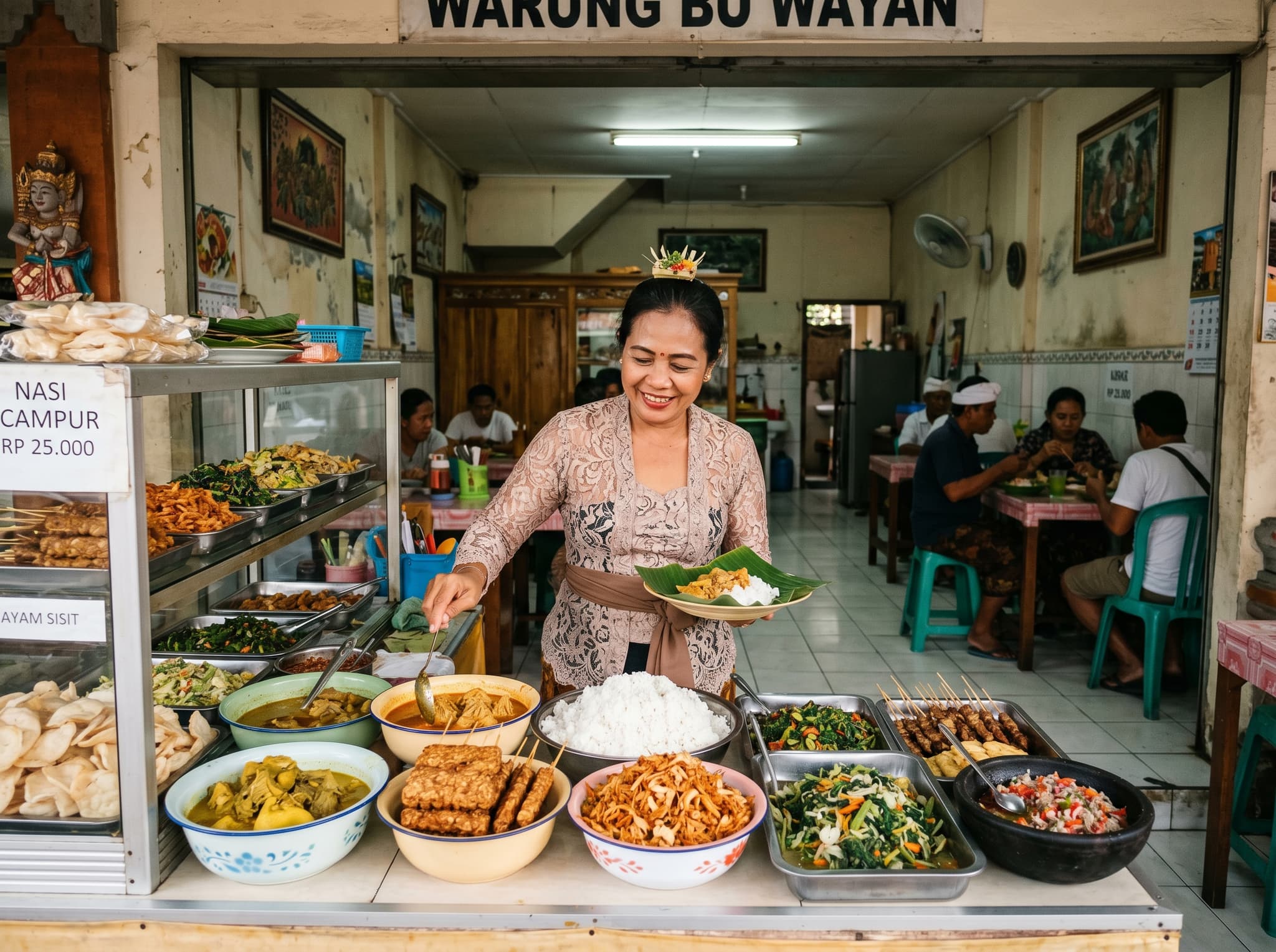 A traditional Balinese warung interior showing the glass display case with nasi campur components — rice, curried vegetables, sambal, tempeh, and shredded chicken — representing the daily warung eating culture described throughout this section.