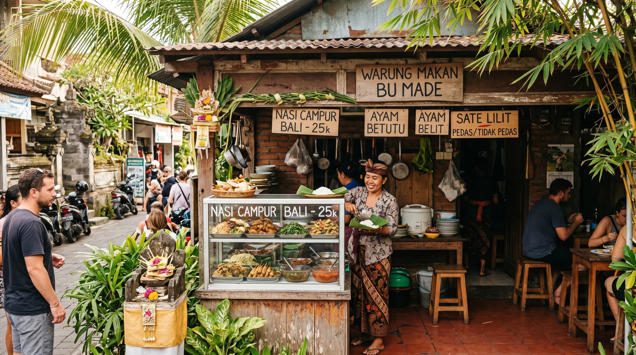 A busy warung or street-level food scene in Ubud, Bali — showing the contrast between local daily eating and the lush, atmospheric setting that defines Ubud's food culture. Relevant as the hero image establishing the full spectrum of Ubud dining this article covers.