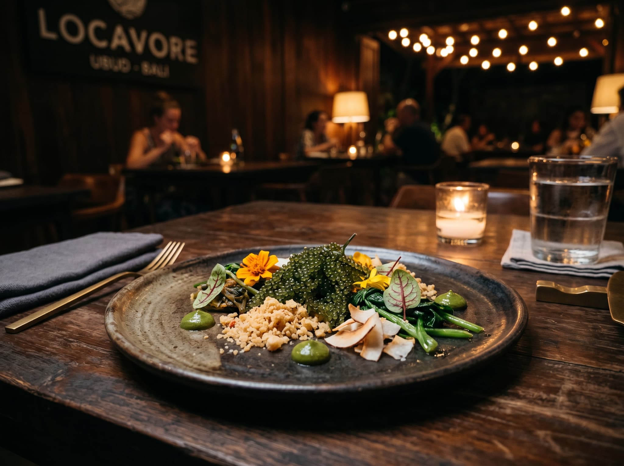 Interior or plated dish from Locavore restaurant in Ubud, Bali — showing the refined, locally-sourced tasting menu that has earned the restaurant a place on Asia's 50 Best Restaurants list. Establishes the fine dining tier of the article.