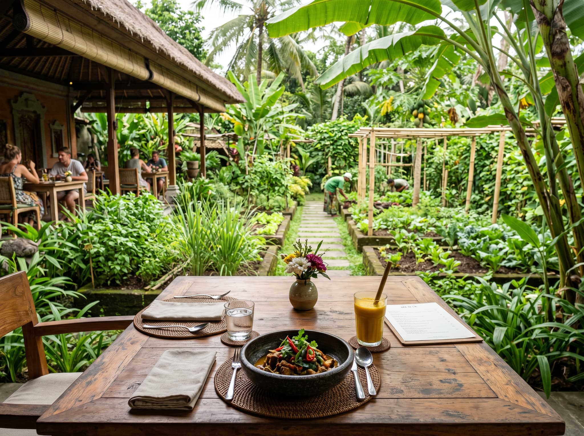 The permaculture garden or a plant-based dish at Moksa restaurant in Ubud, Bali — showing the on-site garden that supplies the kitchen and the farm-to-table philosophy central to this section of the article.