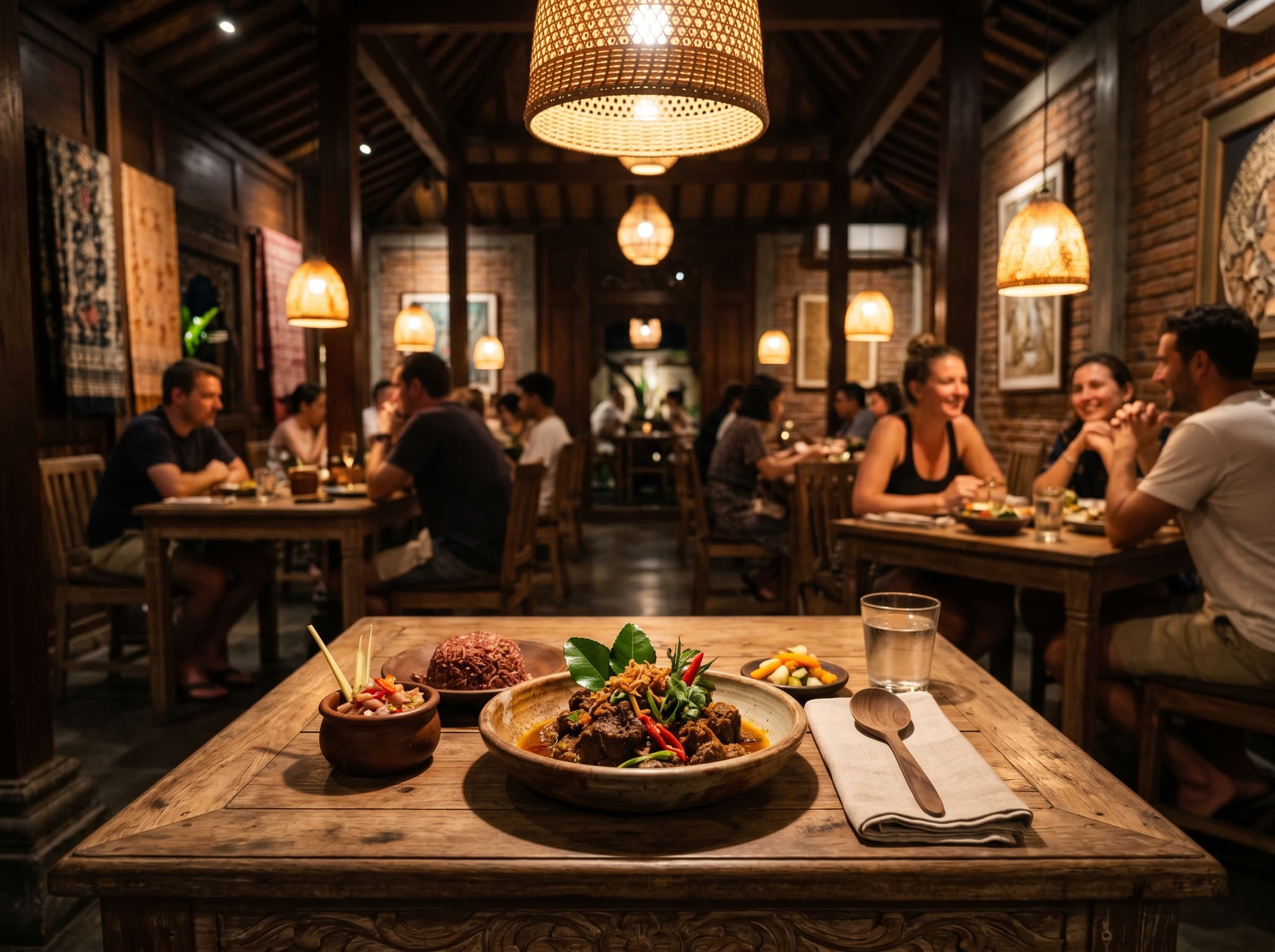 A dish or dining room interior at Hujan Locale restaurant in Ubud, Bali — representing the regional Indonesian cooking and elevated farm-to-table approach described in this section.