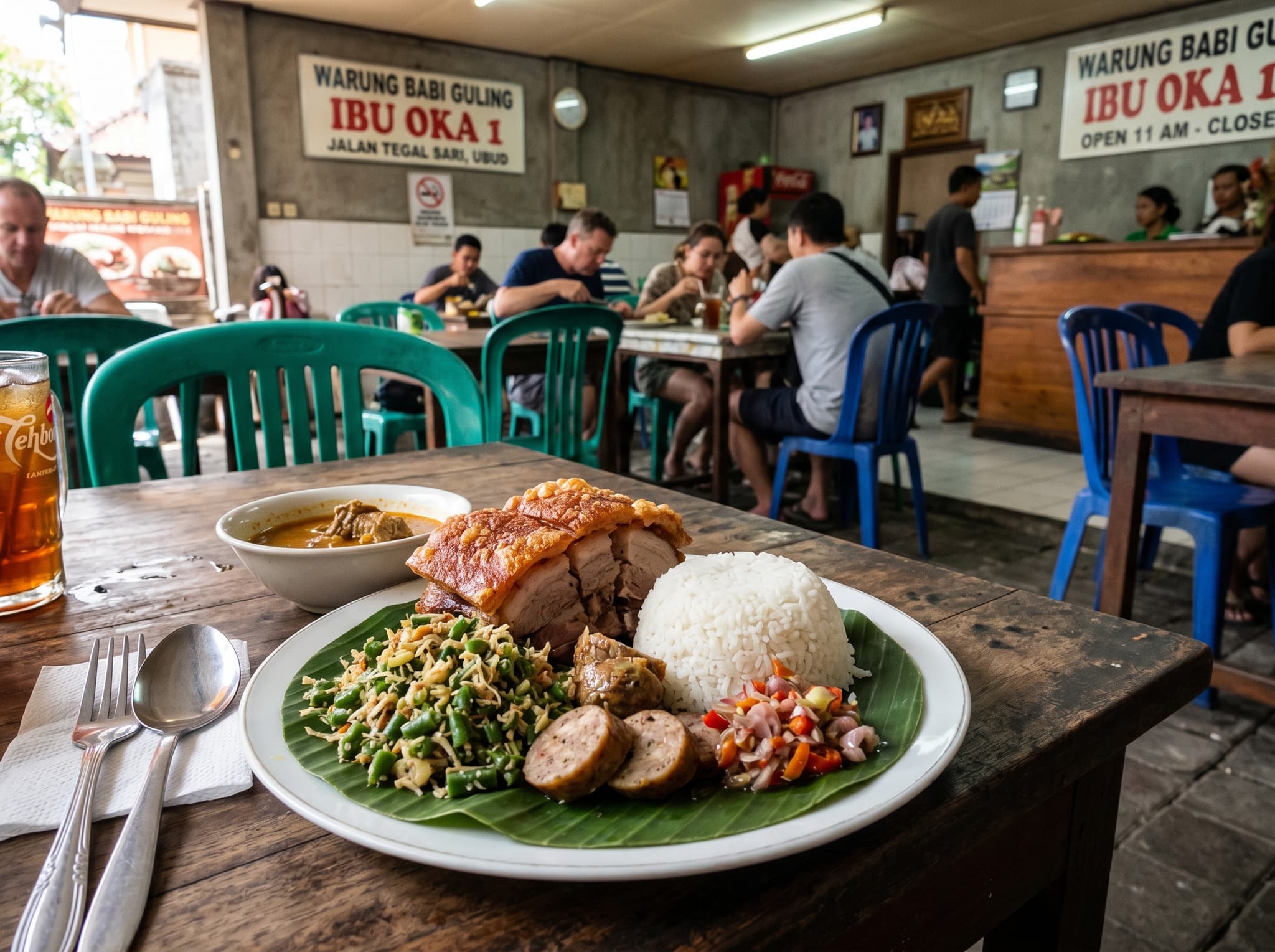 A babi guling plate at Warung Babi Guling Ibu Oka in Ubud — showing the spit-roast suckling pig with crispy skin, lawar, rice, and sambal that makes this the most famous warung in Ubud. Central to the warung section of the article.