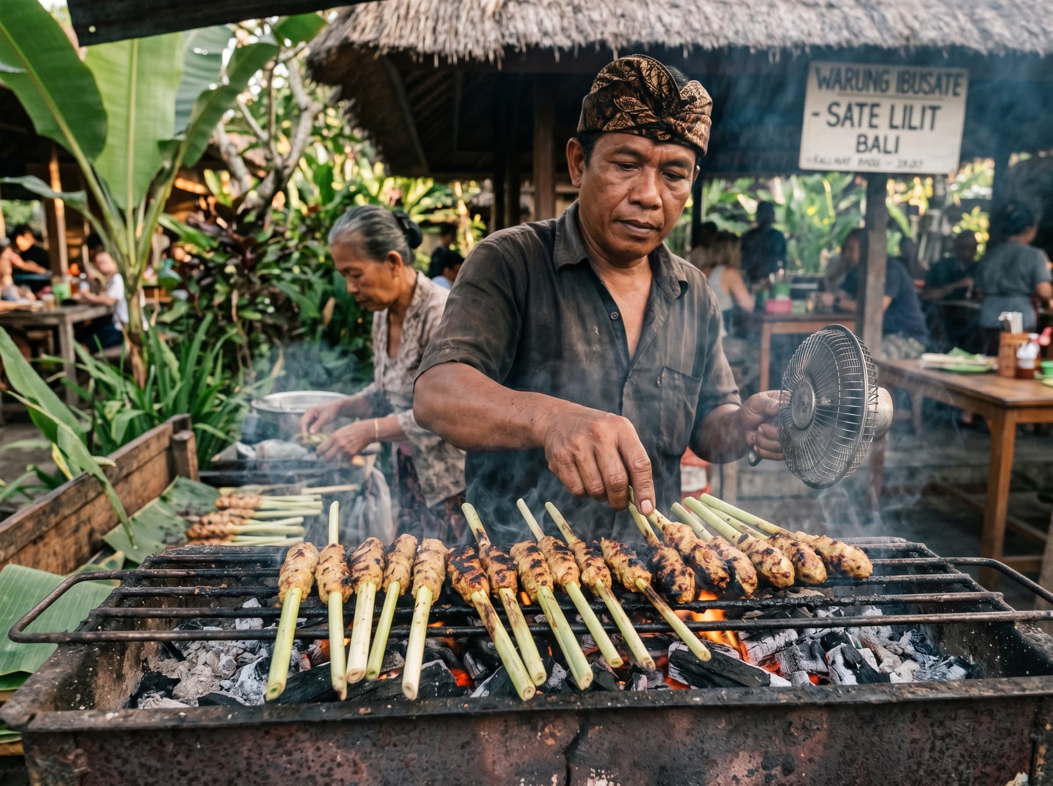 Sate lilit being grilled on lemongrass stalks at a Balinese warung — showing the distinctly Balinese preparation of minced meat pressed onto lemongrass skewers, as described in the Warung Sate Lilit section.