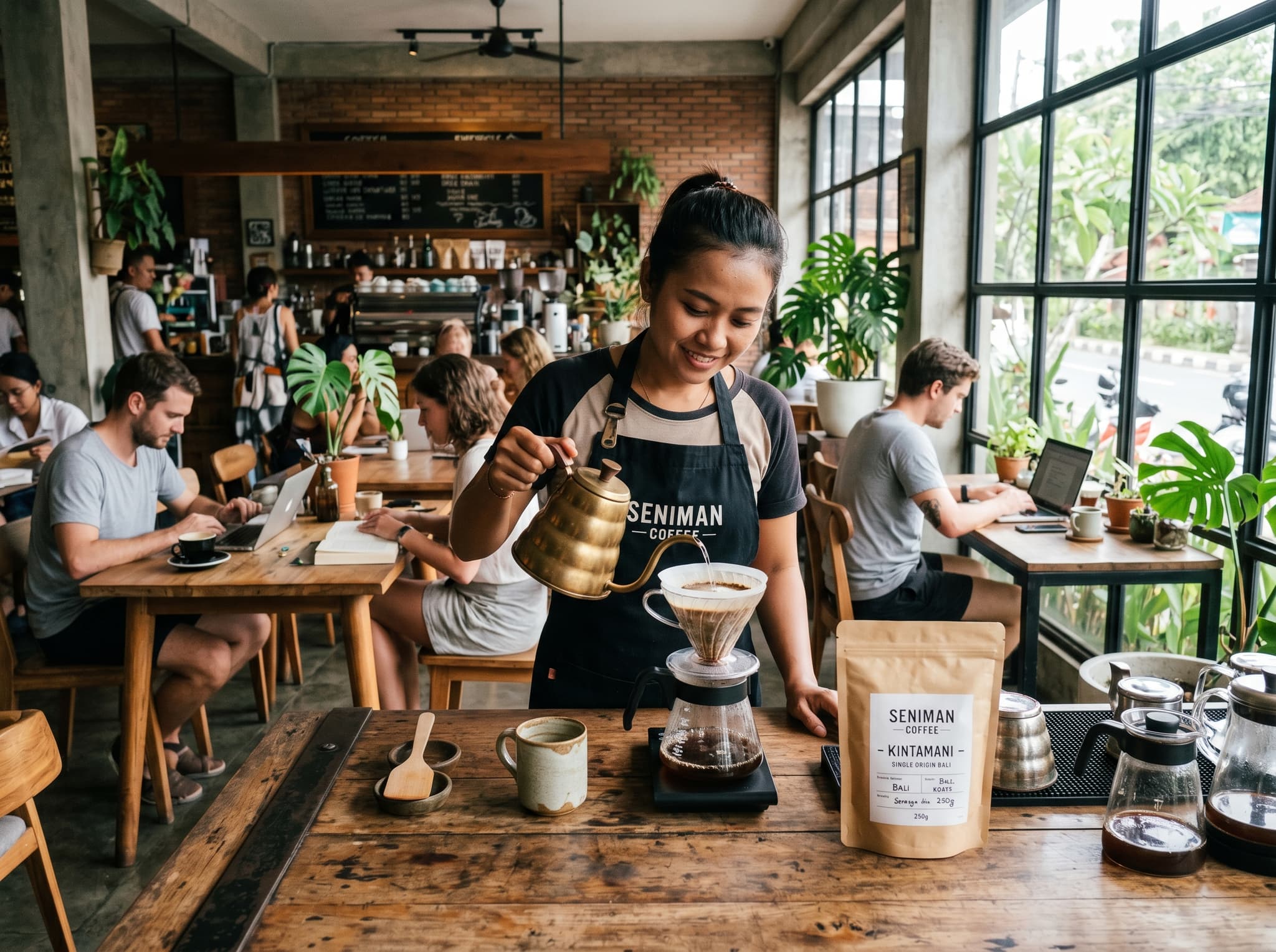 Interior or coffee preparation at Seniman Coffee Studio in Ubud, Bali — showing the specialty coffee roastery and café space that represents Ubud's serious café culture and Balinese highland coffee sourcing.