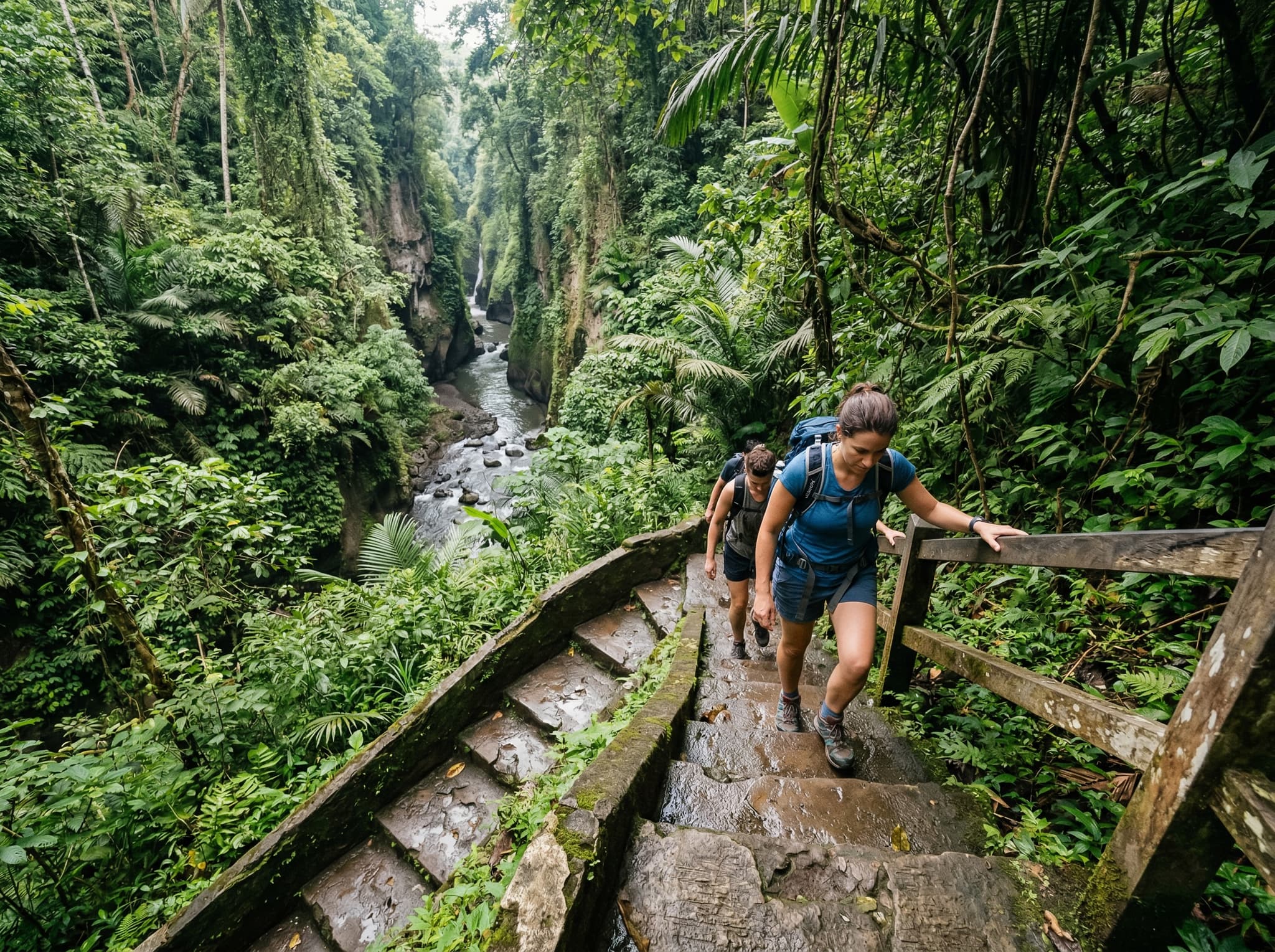 Steep concrete jungle staircase descending through dense tropical vegetation toward a river gorge in Bali, showing the kind of high-stepped, slick-stone trail conditions visitors should expect on the descent to Tukad Cepung waterfall