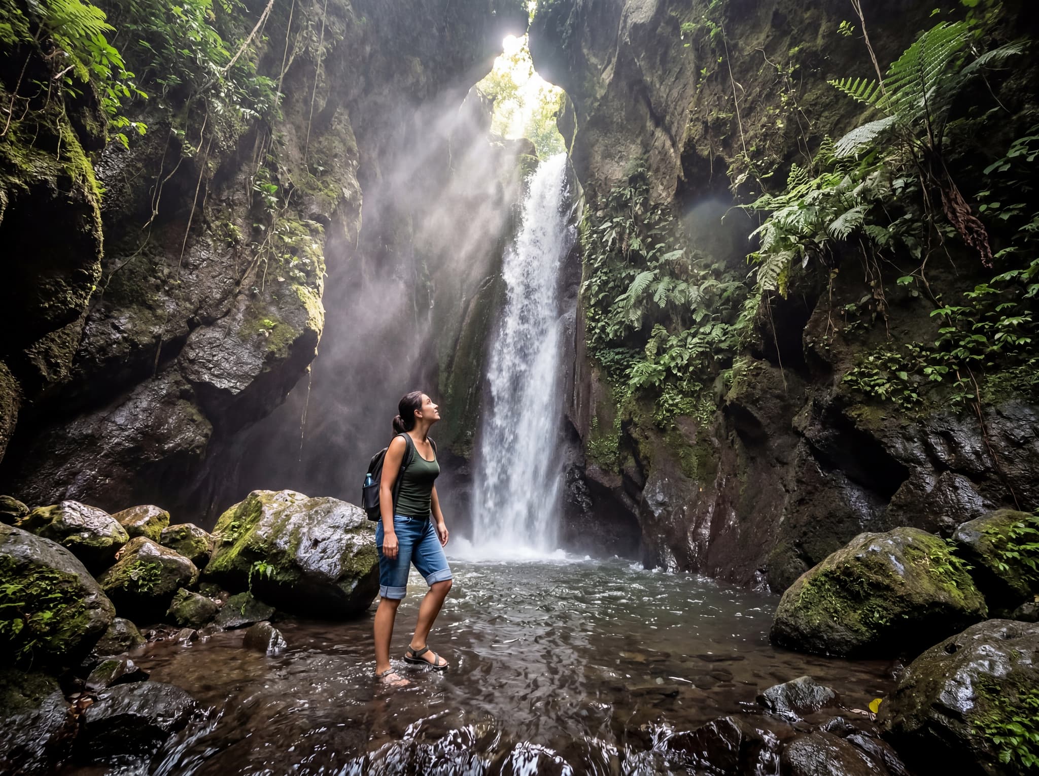 Visitor standing in shallow water at the base of Tukad Cepung waterfall, surrounded by mist and boulders inside the cave, showing the ankle-to-knee wading conditions and the immersive atmosphere at the waterfall base described in the article