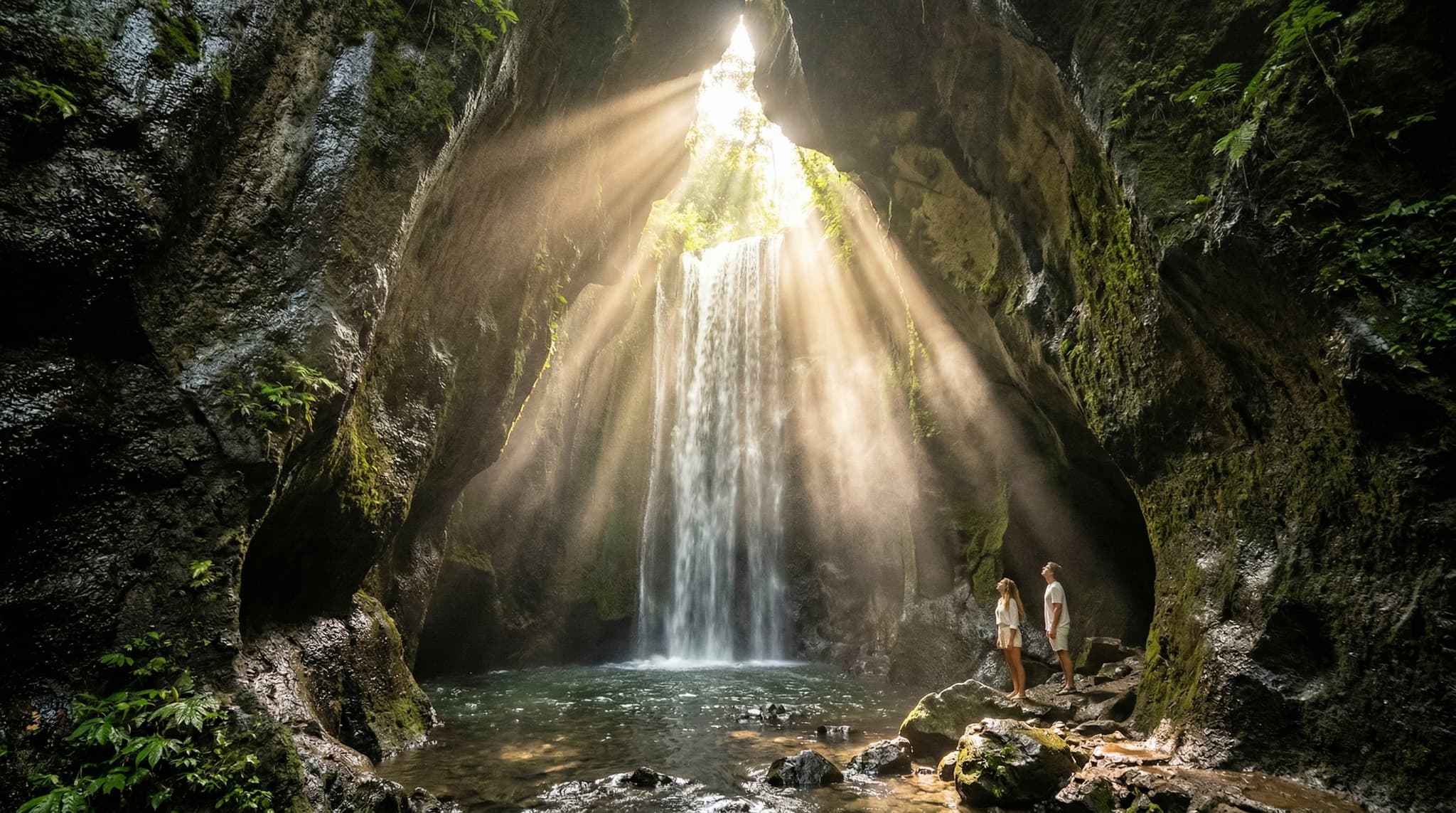 Tukad Cepung waterfall inside its limestone cave in Bali, with dramatic shafts of morning sunlight piercing through the narrow cave opening and illuminating the mist and falling water — the defining visual experience described throughout this article