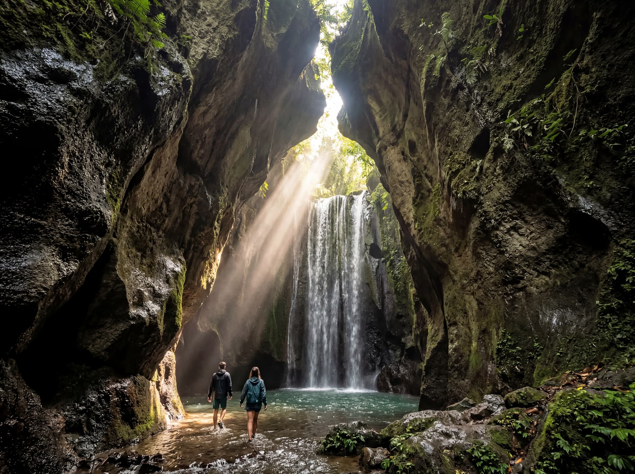 The interior of Tukad Cepung's cave gorge showing the narrow limestone walls closing overhead and the slot opening that channels sunlight down onto the waterfall — illustrating the natural cathedral structure the article describes as the source of the light beam effect