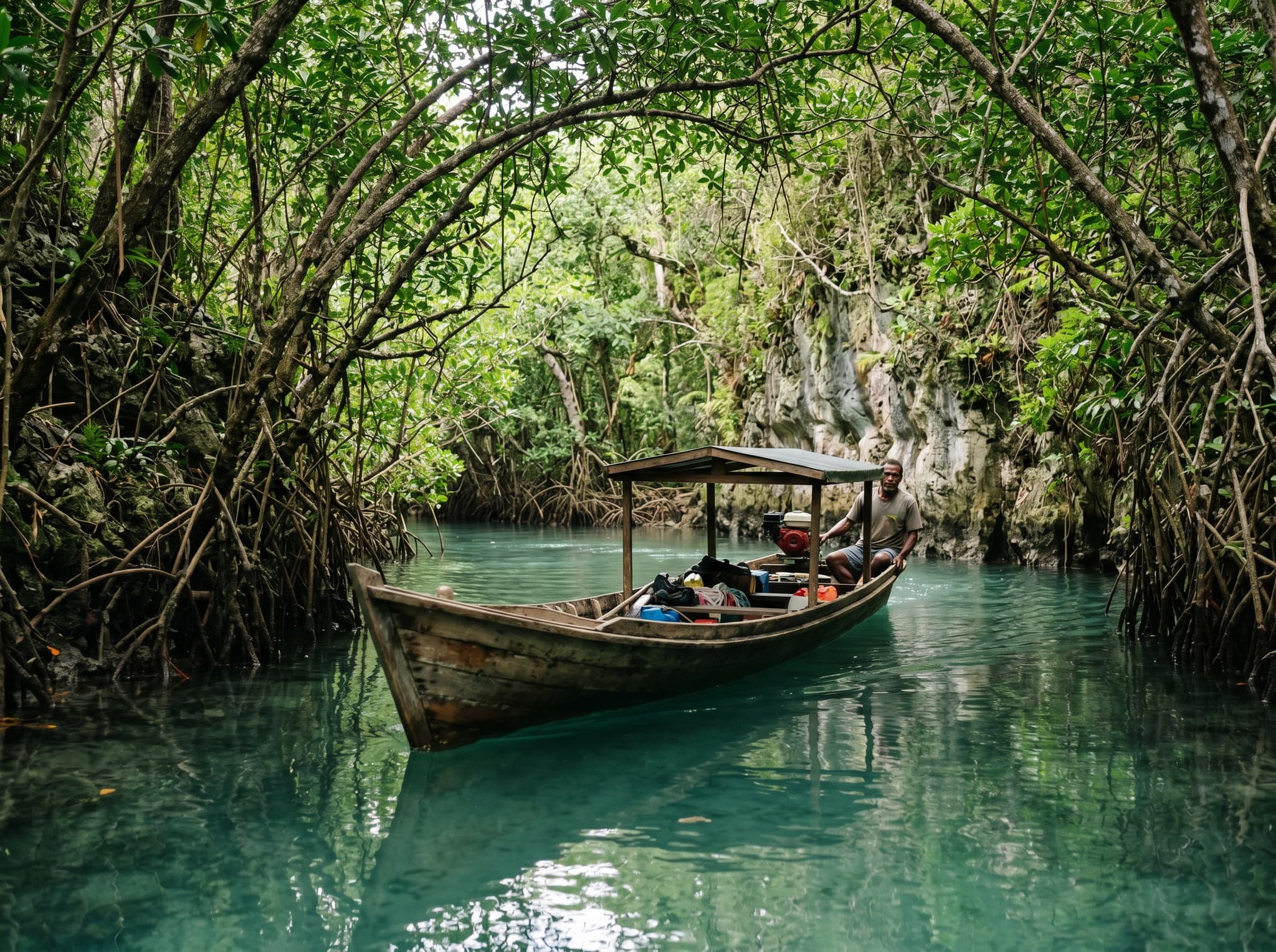 A traditional wooden longboat navigating a narrow mangrove channel in Raja Ampat, Indonesia — representing the boat-based access described in the 'How to Visit' section, with the dense green canopy overhead and clear water below