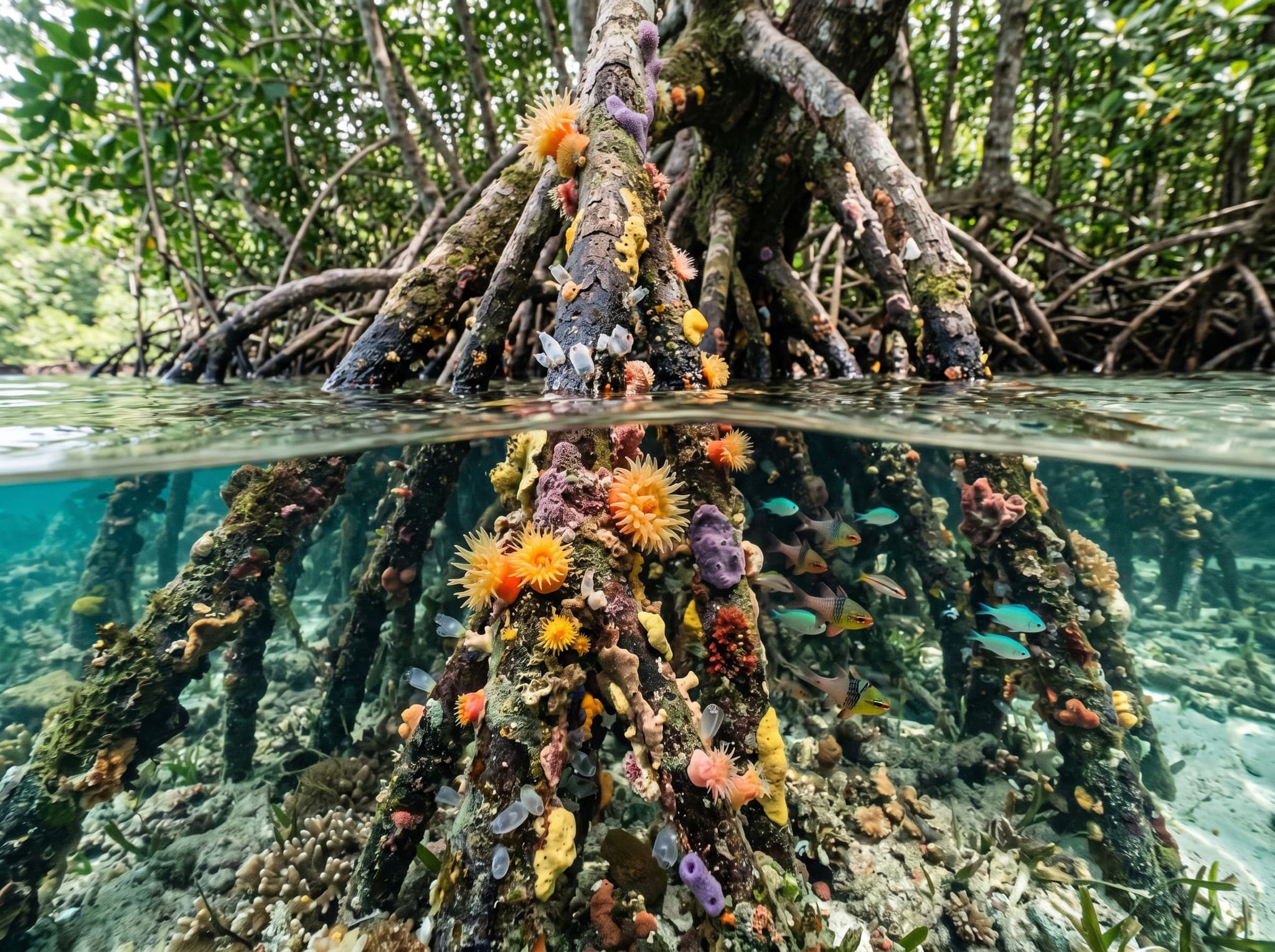 Close detail of mangrove prop roots at the waterline in Raja Ampat, with anemones, sponges, and small marine invertebrates attached to the roots — illustrating the environmental etiquette section's point about the fragility of the root ecosystem
