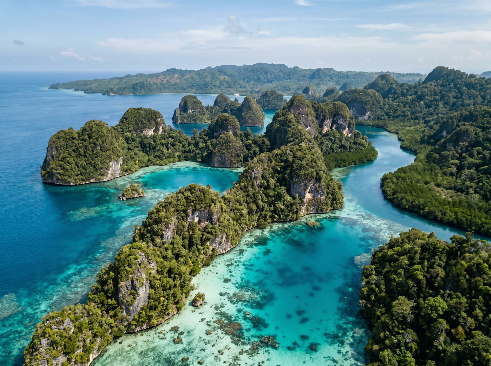 Aerial or elevated view of Raja Ampat's limestone karst islands and mangrove-fringed channels in the Yanggefo and Gam Island area — showing the geological context of why the water stays clear, as explained in the 'Why the Water Is Blue Here' section