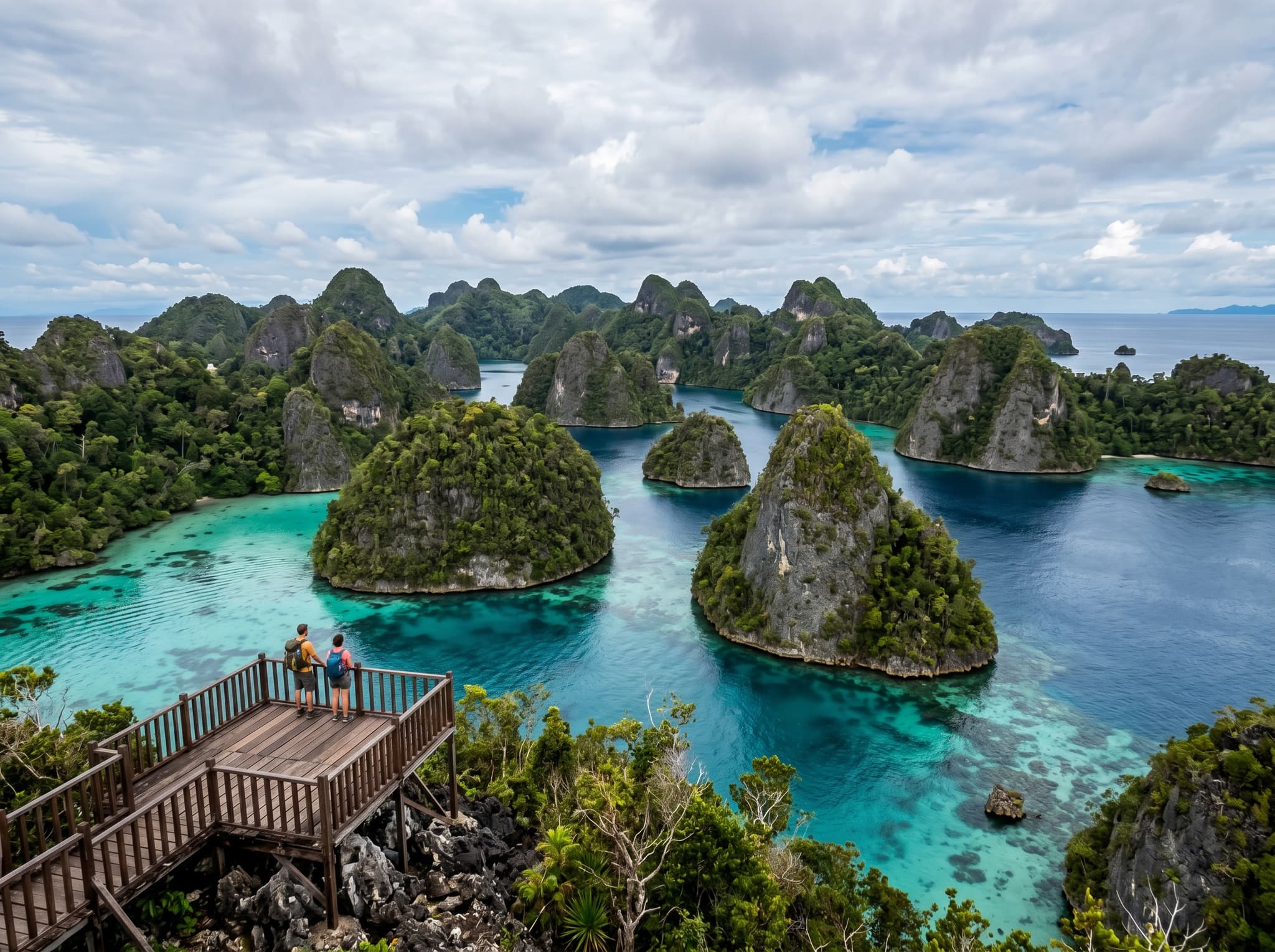 The Pianemo karst viewpoint in Raja Ampat, showing the iconic panorama of limestone islands and turquoise lagoons — representing the most common day-trip combination described in the 'Combining with Other Sites' section