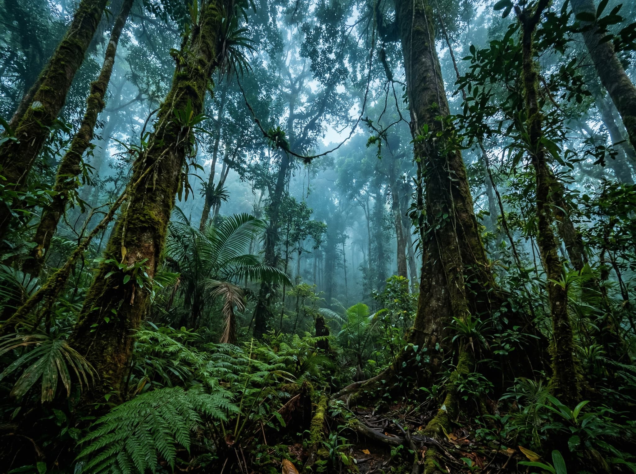 Dense tropical rainforest at dawn in Raja Ampat's Waigeo Island, the kind of misty early-morning jungle light that birdwatchers enter at 4:30 AM hoping to spot Wilson's or red birds of paradise — conveying the atmospheric reward of an early alarm at Warkesi Forest Park