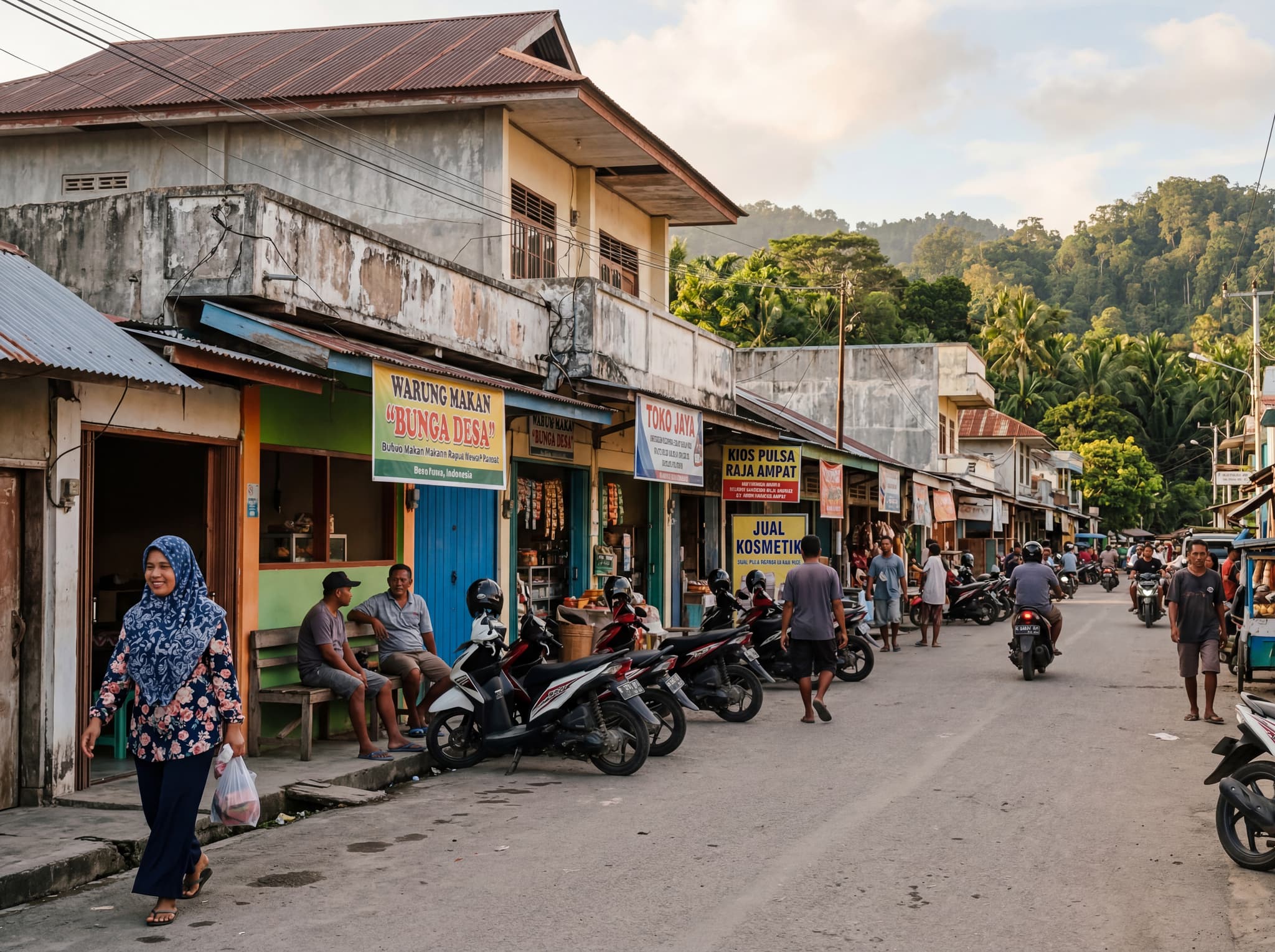 Busy small-town street scene in Waisai, Raja Ampat — motorbikes, local warungs, and everyday Indonesian life in a remote island capital, conveying the article's honest characterization of Waisai as a functional, unpretentious town rather than a polished resort destination