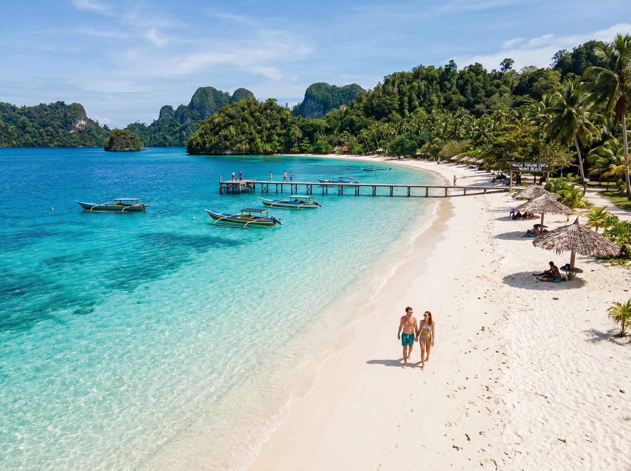 Waiwo Beach near Waisai, also known as Waisai Torang Cinta, showing the translucent turquoise water and white sand that made it a presidential Instagram moment — illustrating why the article argues Waisai deserves more than a transit stop