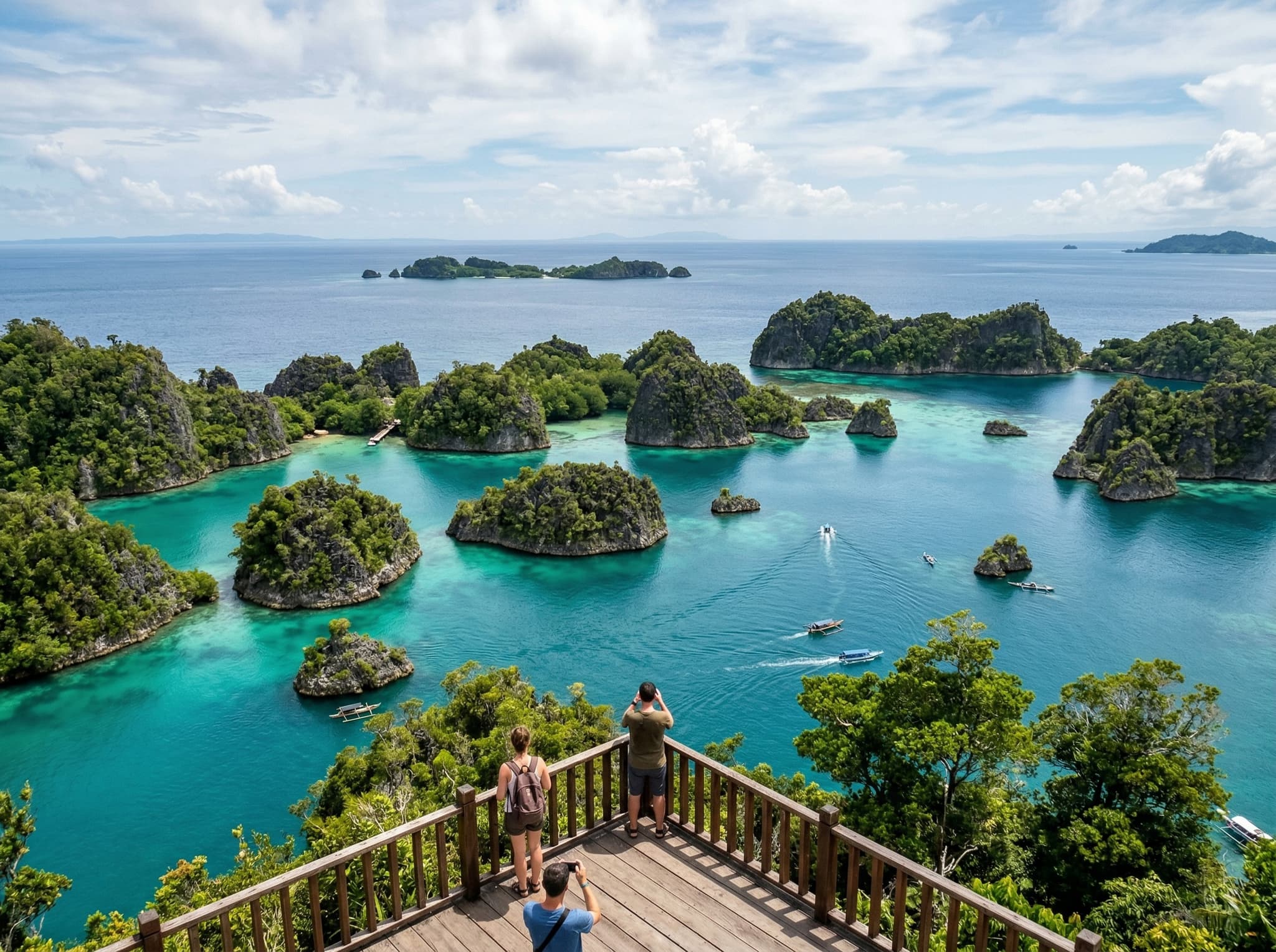 Pianemo Island viewpoint in Raja Ampat, showing the iconic panorama of scattered karst limestone islets rising from turquoise lagoons — the postcard image of Raja Ampat that the article references as the visual payoff of a day-trip boat charter from Waisai