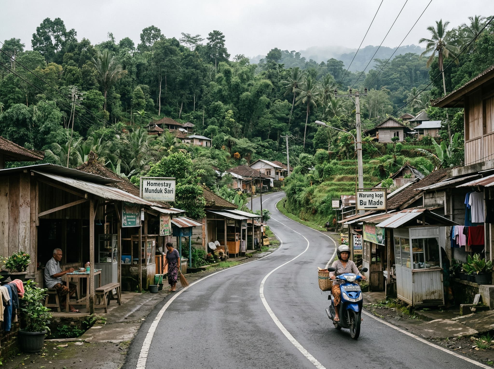 The narrow road and rural village surroundings near Warung Taman Ayu in Munduk, Bali — the navigation landmark used to find the turnoff toward Melanting Waterfall's parking area