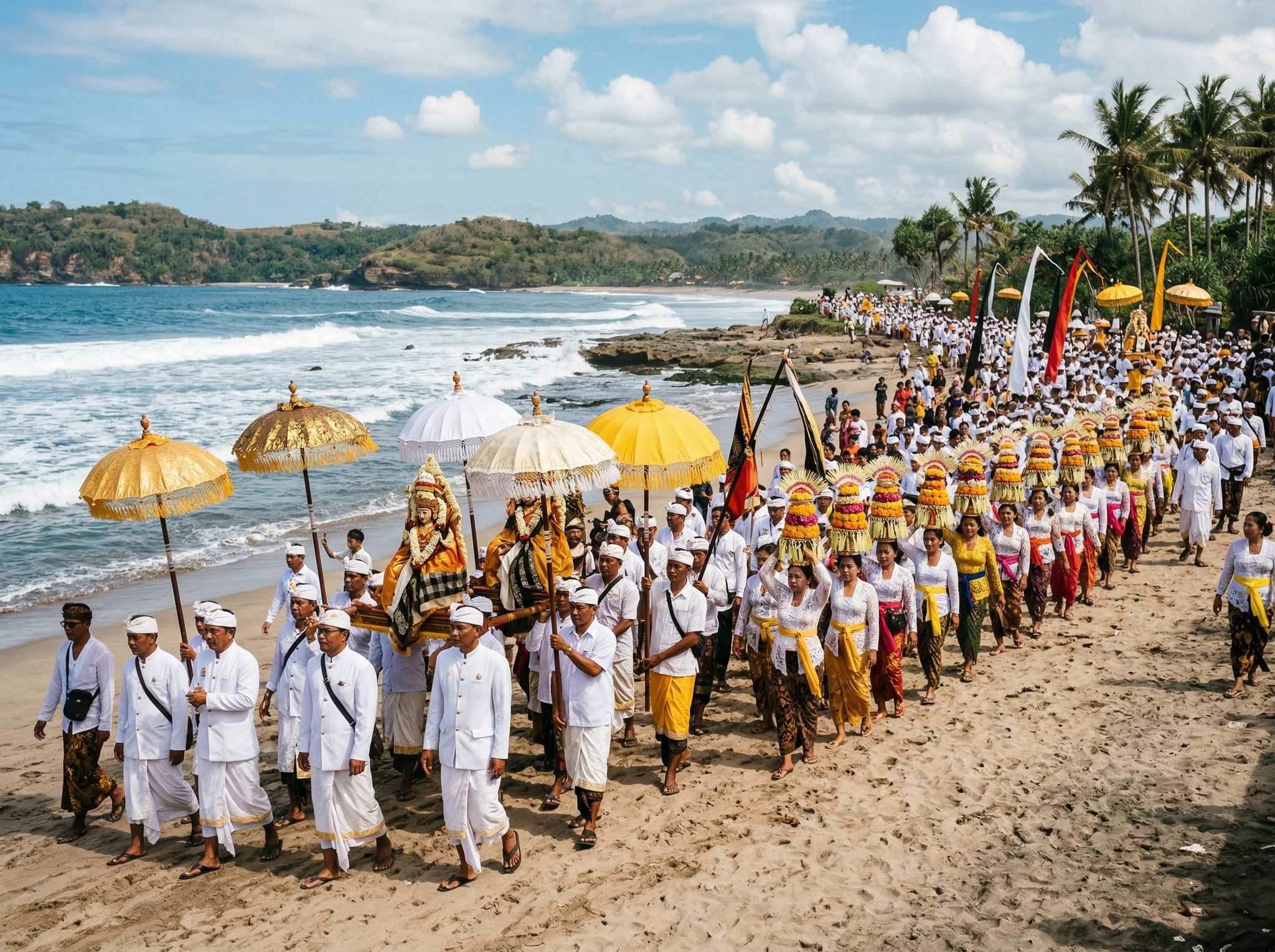 Melasti purification procession — Balinese Hindus in ceremonial white and gold dress carrying sacred temple objects toward the sea, representing the ritual cleansing that begins the Nyepi sequence days before the silence