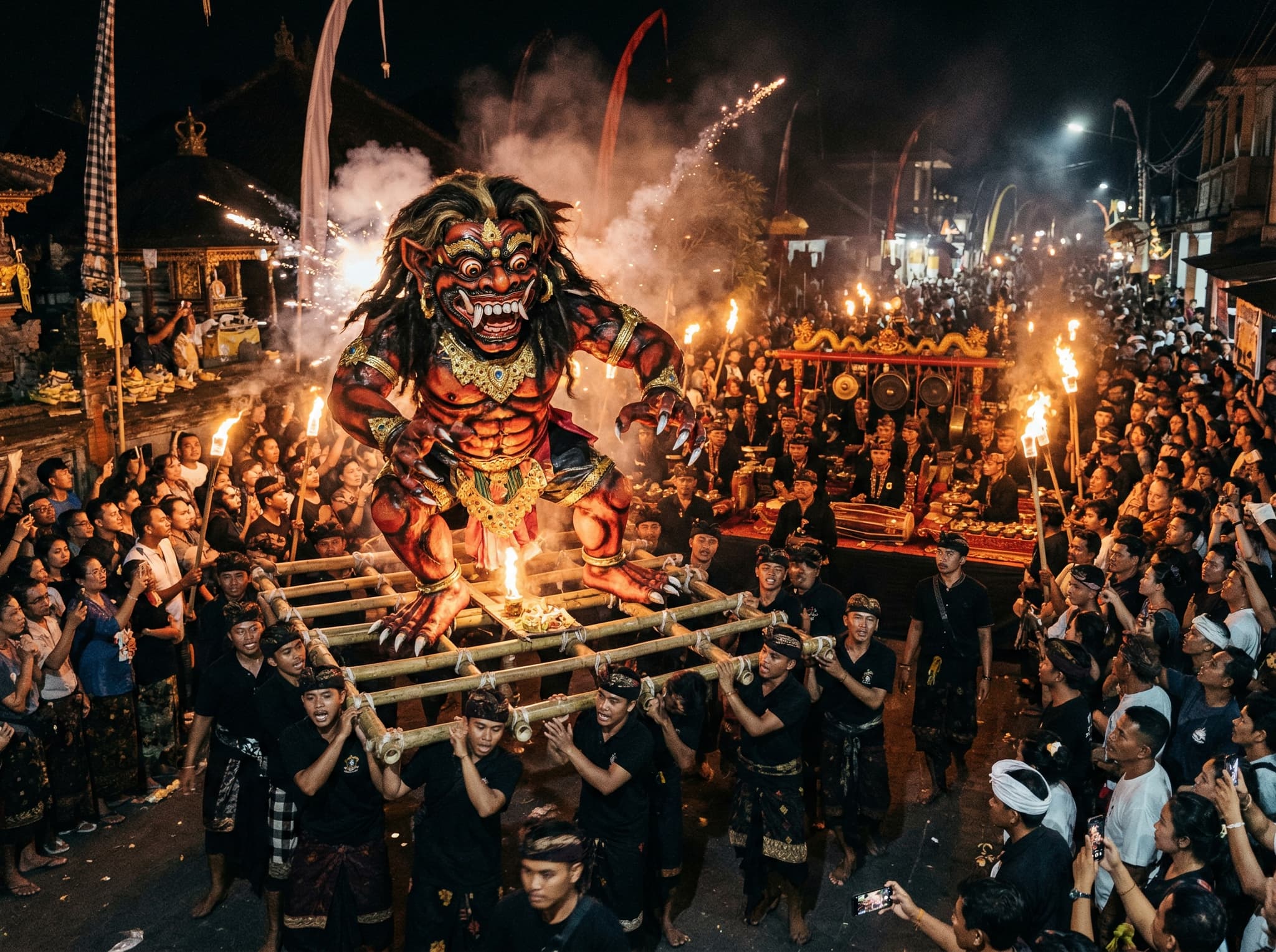 Ogoh-Ogoh effigy being carried through crowded Balinese streets at night — torchlight, gamelan drums, and a towering demonic papier-mâché figure representing the bhuta kala spirits that Nyepi aims to banish