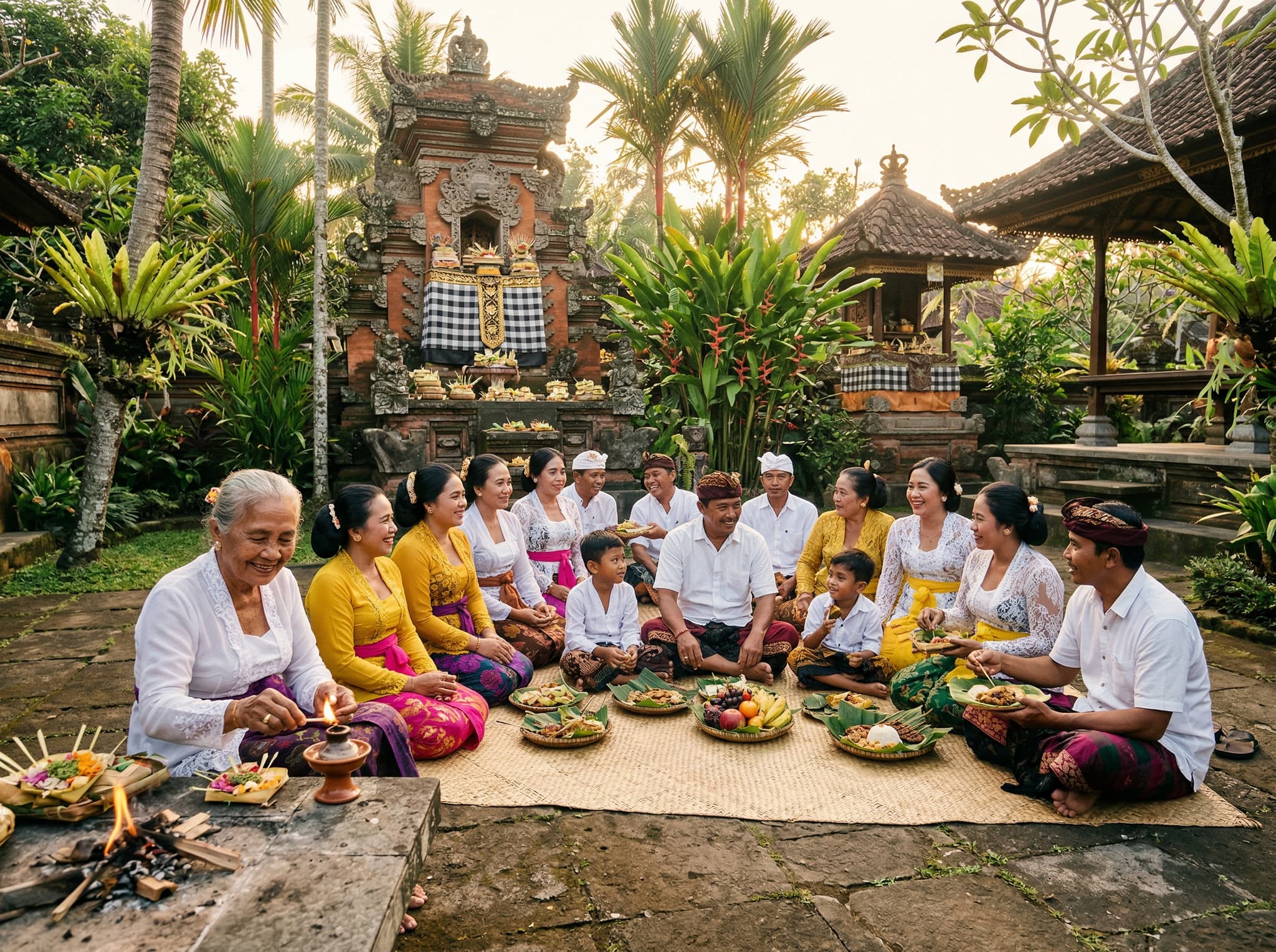 Ngembak Geni morning — Balinese families lighting the first fires and gathering outdoors after Nyepi ends, representing the renewal and return of communal life that follows the 24-hour silence