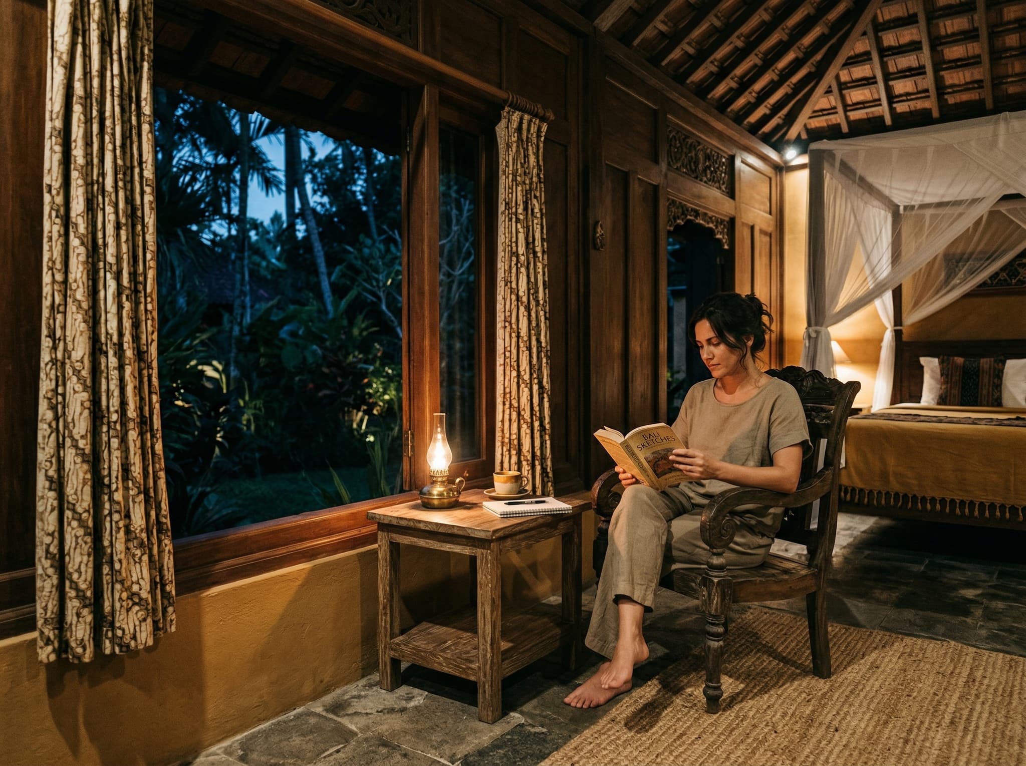A traveler sitting quietly inside a Balinese hotel room or villa during Nyepi — reading, journaling, or simply resting — illustrating the experience of observing the silence from inside accommodation