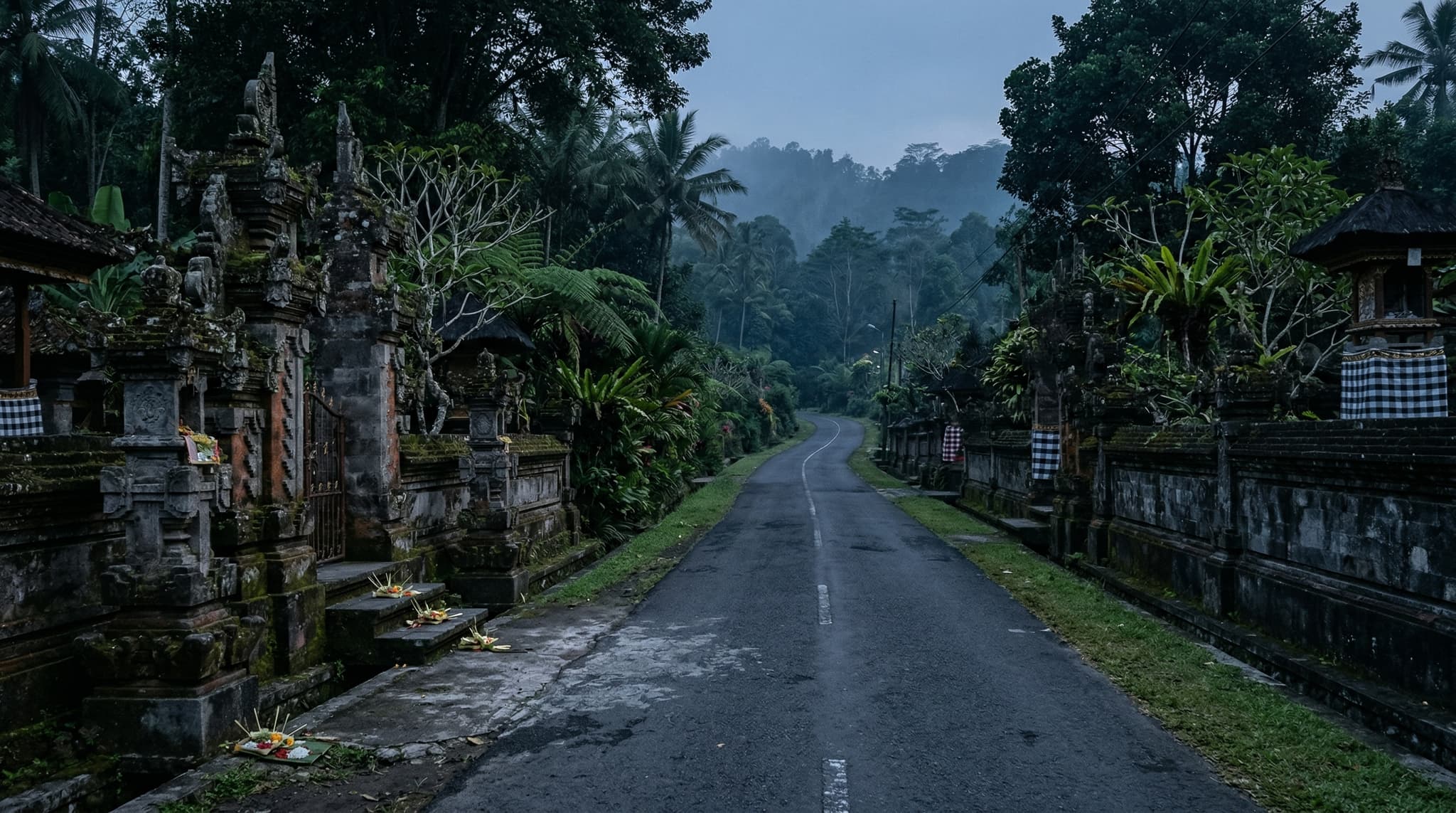An empty Balinese street at dawn during Nyepi — no vehicles, no people, absolute stillness — illustrating the island-wide silence that defines the Day of Silence