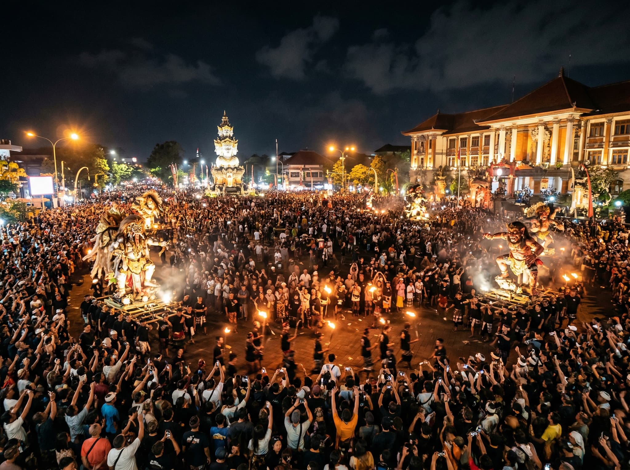 Puputan Square in Denpasar at night during the Ogoh-Ogoh parade — the largest and most elaborate procession site on the island, with the historic square serving as the focal point for Denpasar's Nyepi eve celebrations