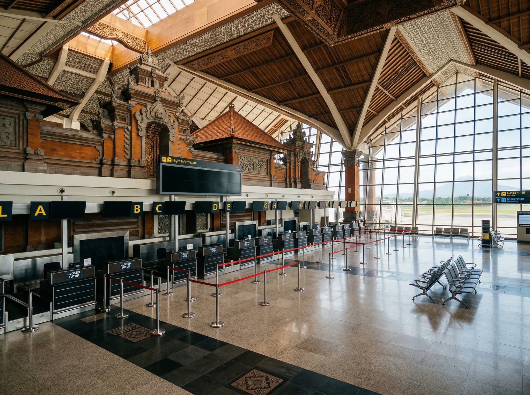 Ngurah Rai International Airport in Bali completely empty and closed during Nyepi — departure halls deserted, no aircraft movement — illustrating the total 24-hour airport shutdown that affects approximately 440 flights and 40,000 passengers