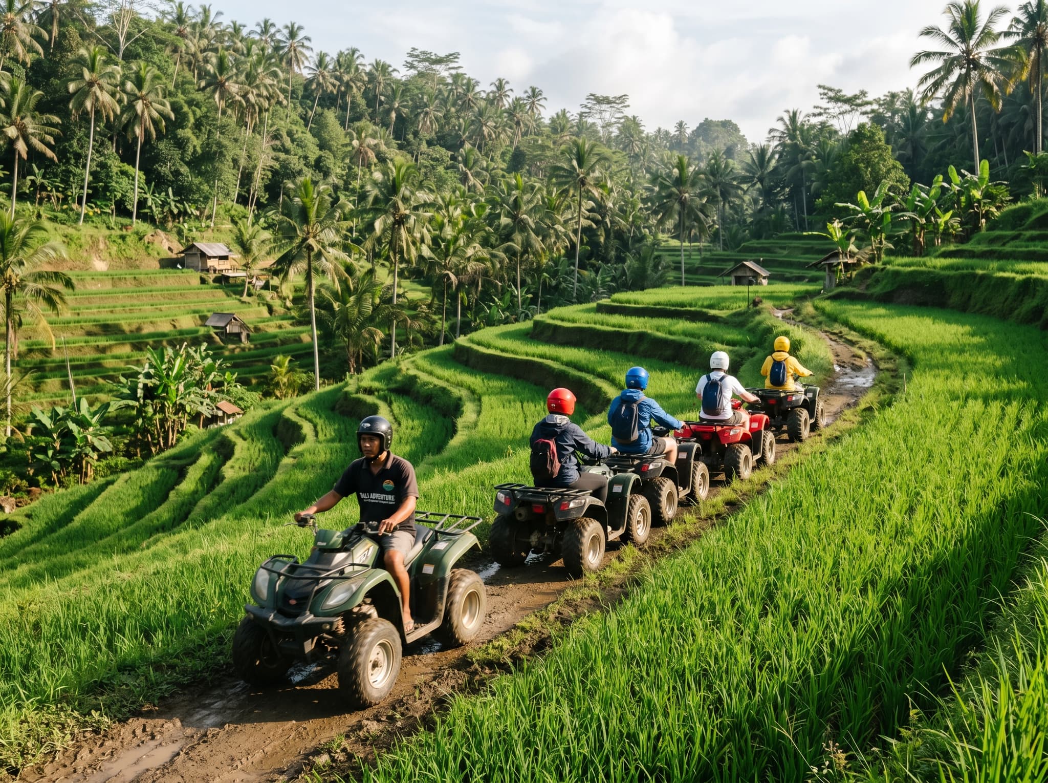 A group of ATV riders following a guide single-file along a trail through Bali's rice terraces, showing the guided group format that characterizes all ATV experiences on the island — relevant to the article's explanation of how the rides actually work