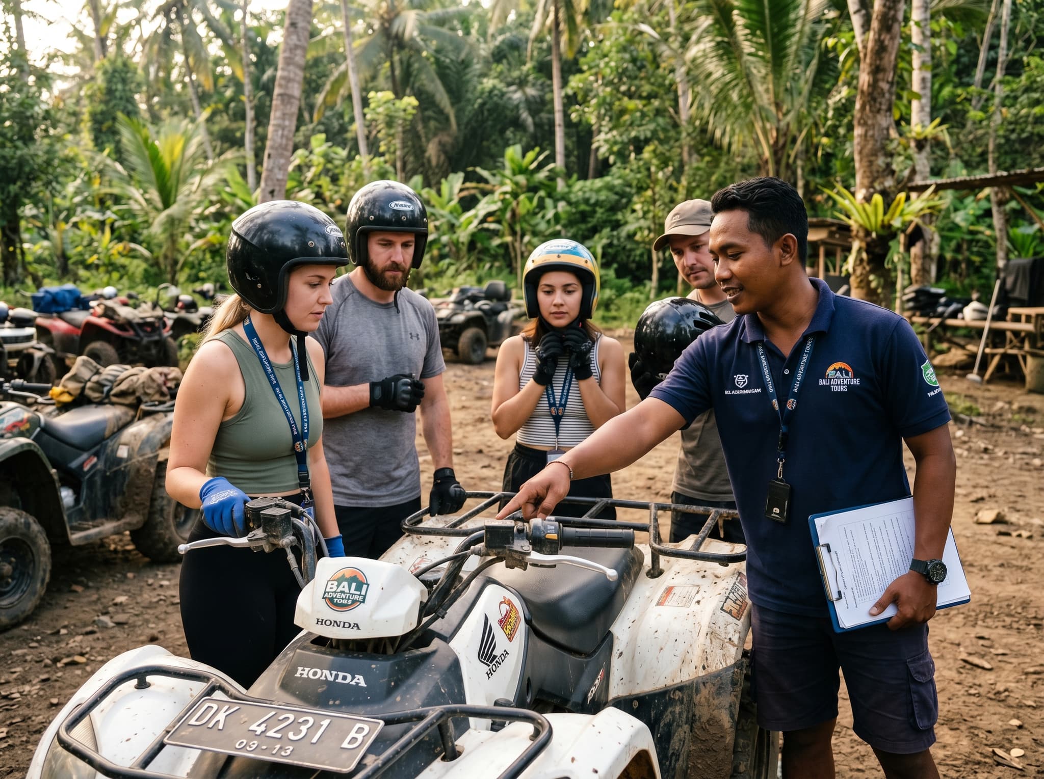 A safety briefing in progress at a Bali ATV operator, with a guide demonstrating throttle and brake controls to a small group of riders before the ride — illustrating the safety standards section's guidance on what a proper briefing looks like
