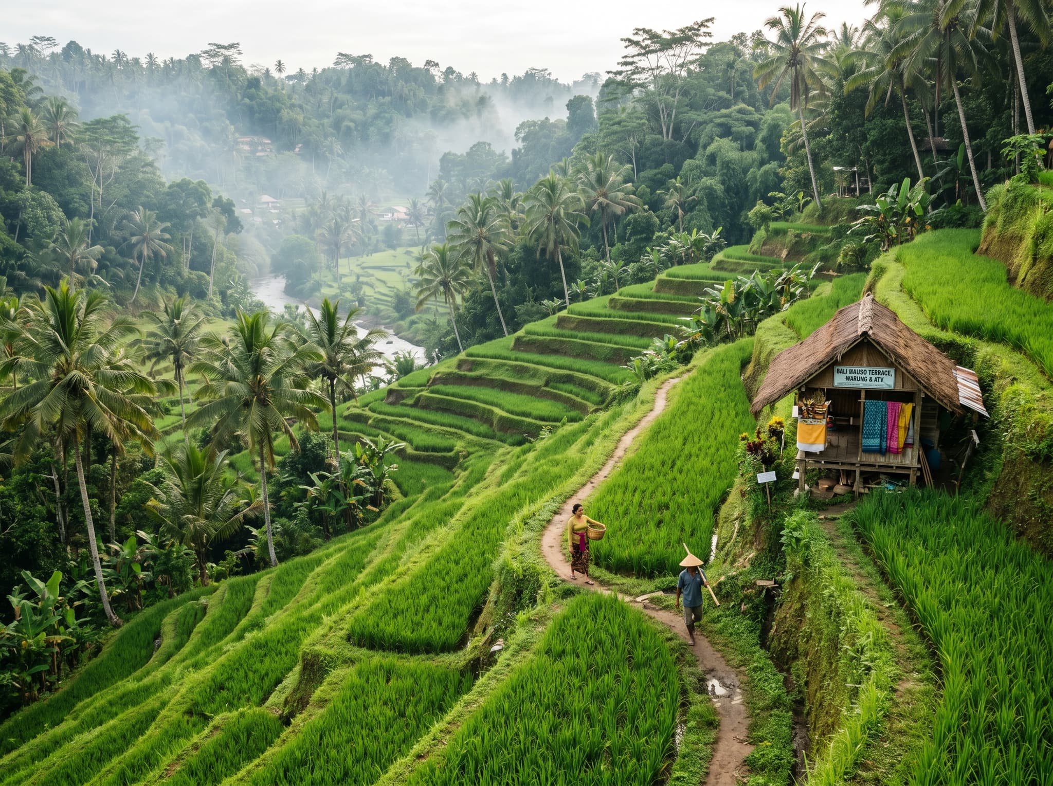 A view of the Tegallalang rice terraces north of Ubud, Bali — establishing the landscape context for the cluster of ATV operators based in this area and showing the terrain riders pass through on the most popular routes