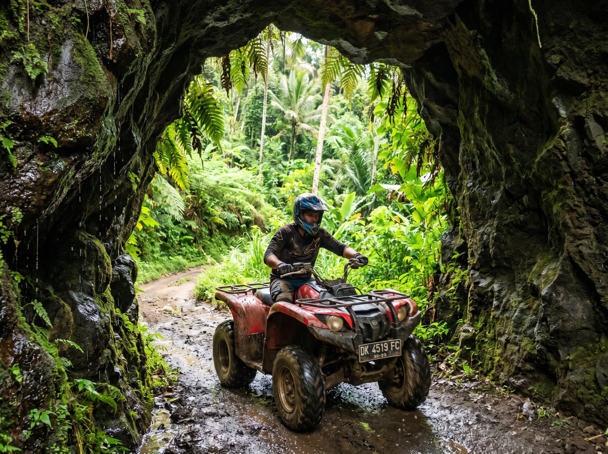 An ATV rider emerging from a dark cave tunnel into daylight near Tegallalang, Bali — the signature cave passage that makes Kuber Bali ATV's route the most photographed ATV experience on the island