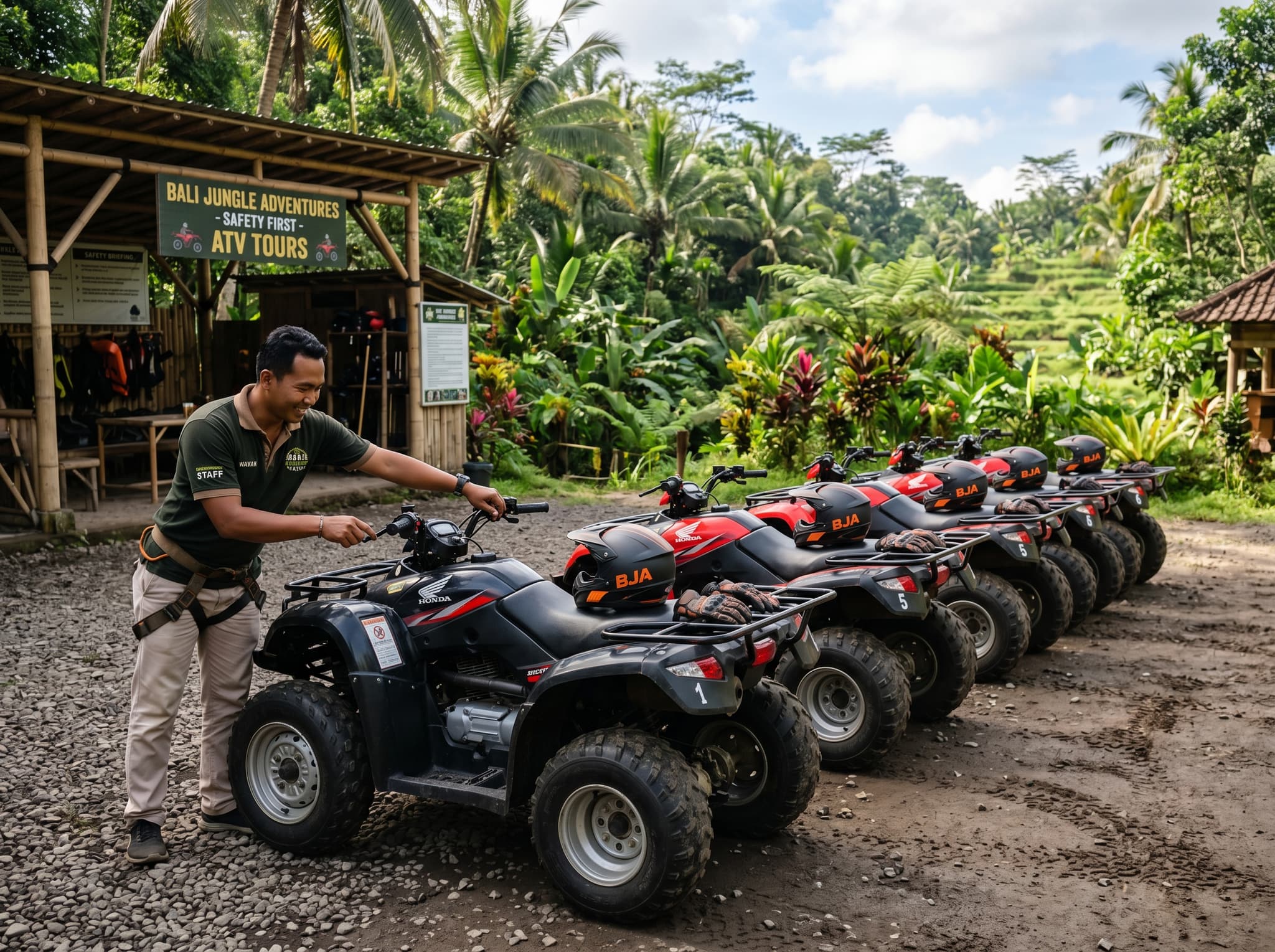 A well-maintained ATV quad bike staged at the starting area of Mason Adventures in Gianyar, Bali, showing the newer equipment and professional setup that distinguishes this premium operator from mid-range alternatives