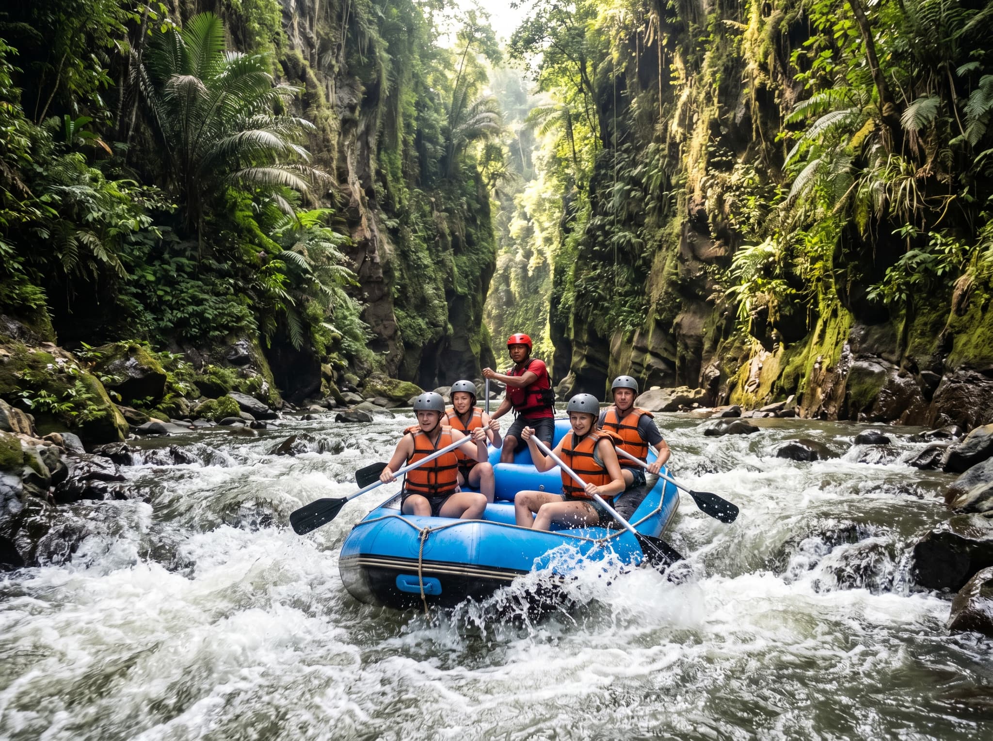White water rafting on the Ayung River near Ubud, Bali — illustrating the ATV plus rafting combo packages discussed in the combining activities section, with the river's jungle gorge walls visible